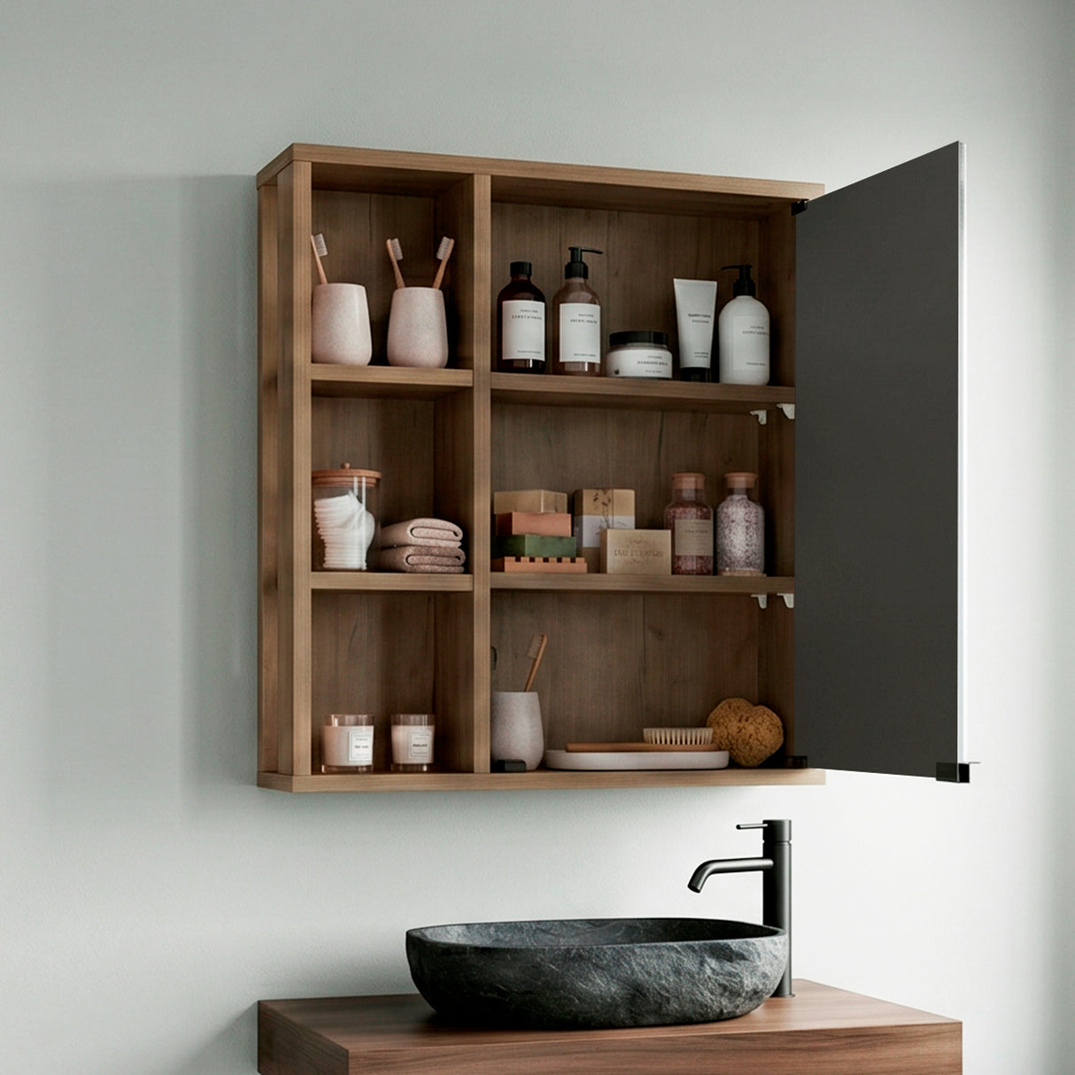 Gabinete de Baño Berkel Fresno Europeo 50x60cm con Una Puerta Cuatro Entrepaños y con Espejo