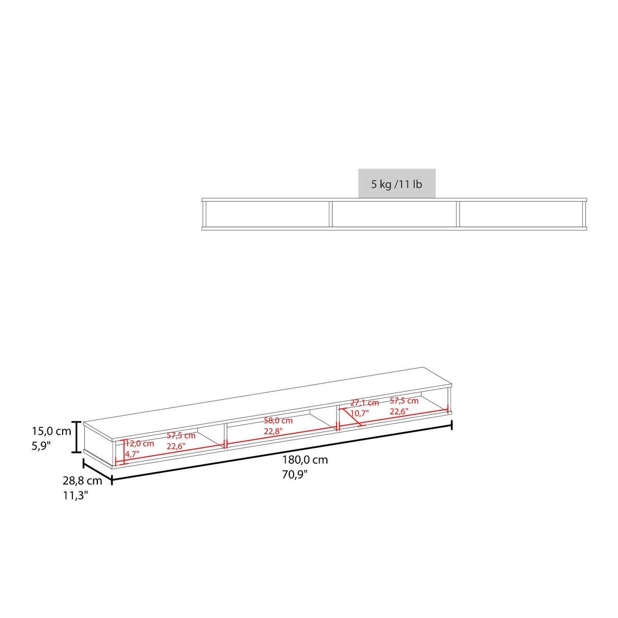 Rack de TV Luft Nogal 180x15cm para TV Hasta 75" Pulgadas y con Tres Compartimientos