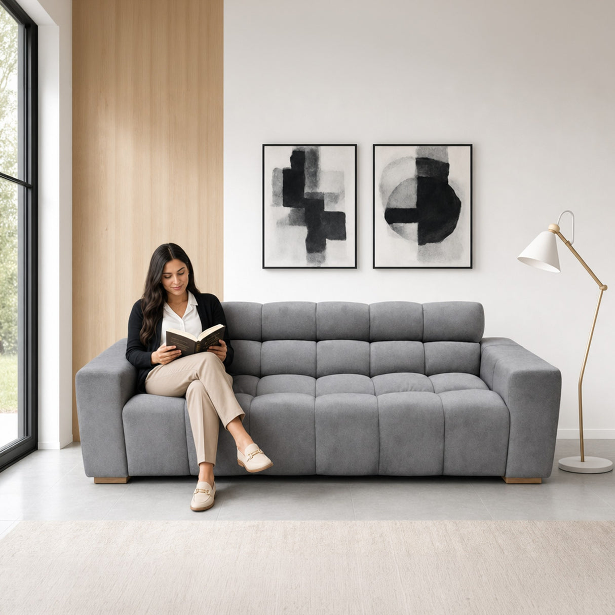 Sofacama Miami Gris y Matiz Natural 228x78cm de Tres Puestos Reclinable y con Apoya Brazos