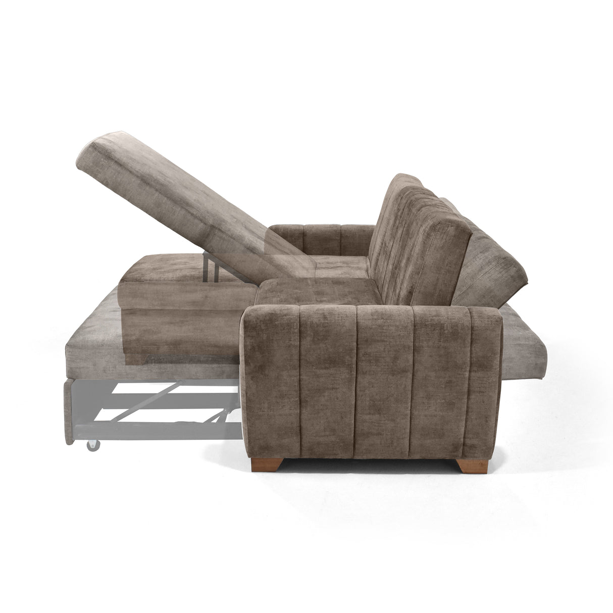 Sofá Cama en L Derecho Apolo Taupe y Matiz Caoba 220x92cm de Tres Puestos Reclinable con Almacenamiento y con Apoya Brazos