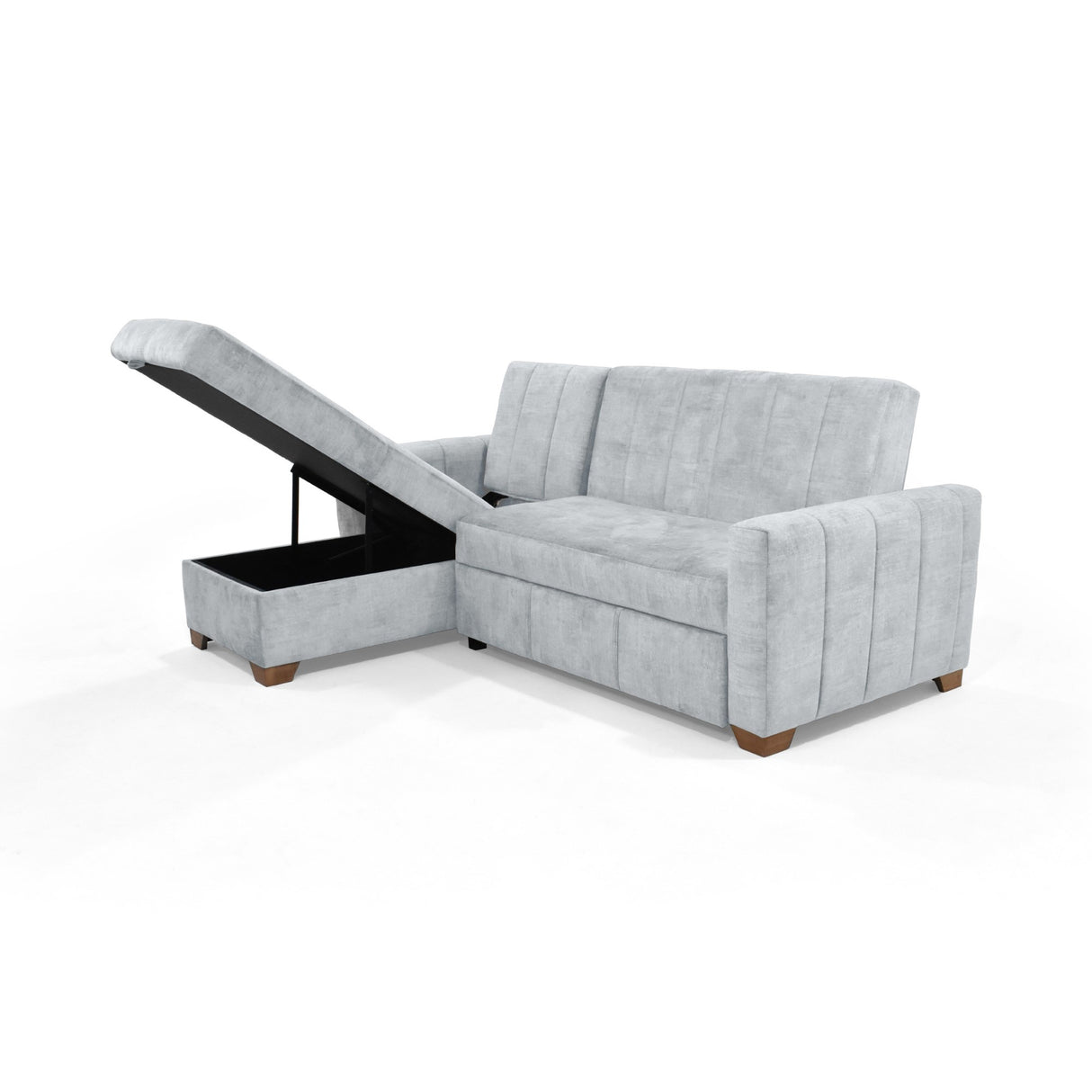 Sofá Cama en L Derecho Apolo Plata y Matiz Caoba 220x92cm de Tres Puestos Reclinable con Almacenamiento y con Apoya Brazos