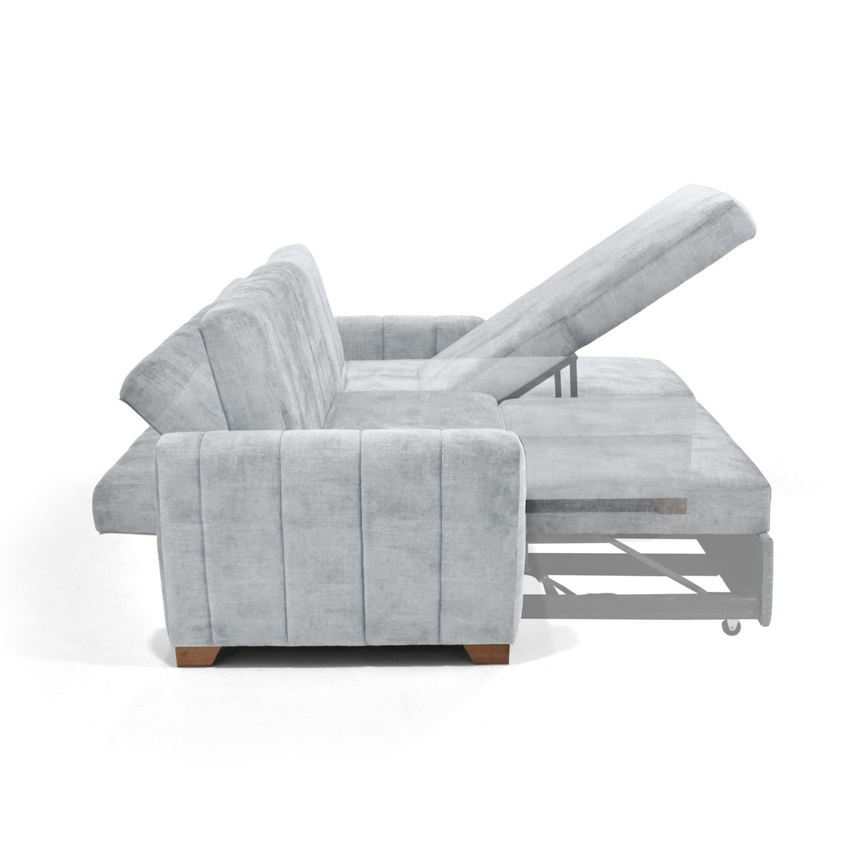Sofá Cama en L Izquierdo Apolo Plata y Matiz Caoba 220x92cm de Tres Puestos Reclinable con Almacenamiento y con Apoya Brazos