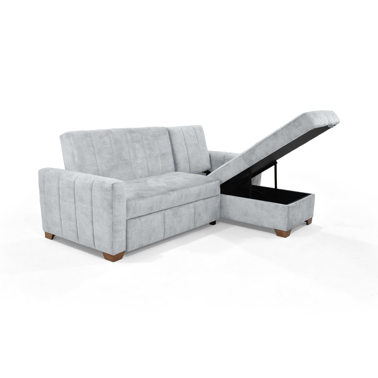 Sofá Cama en L Izquierdo Apolo Plata y Matiz Caoba 220x92cm de Tres Puestos Reclinable con Almacenamiento y con Apoya Brazos
