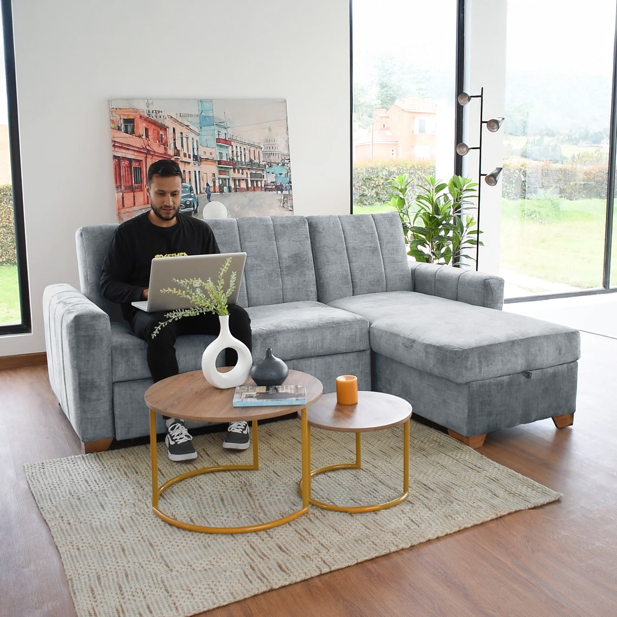 Sofá Cama en L Izquierdo Apolo Plata y Matiz Caoba 220x92cm de Tres Puestos Reclinable con Almacenamiento y con Apoya Brazos
