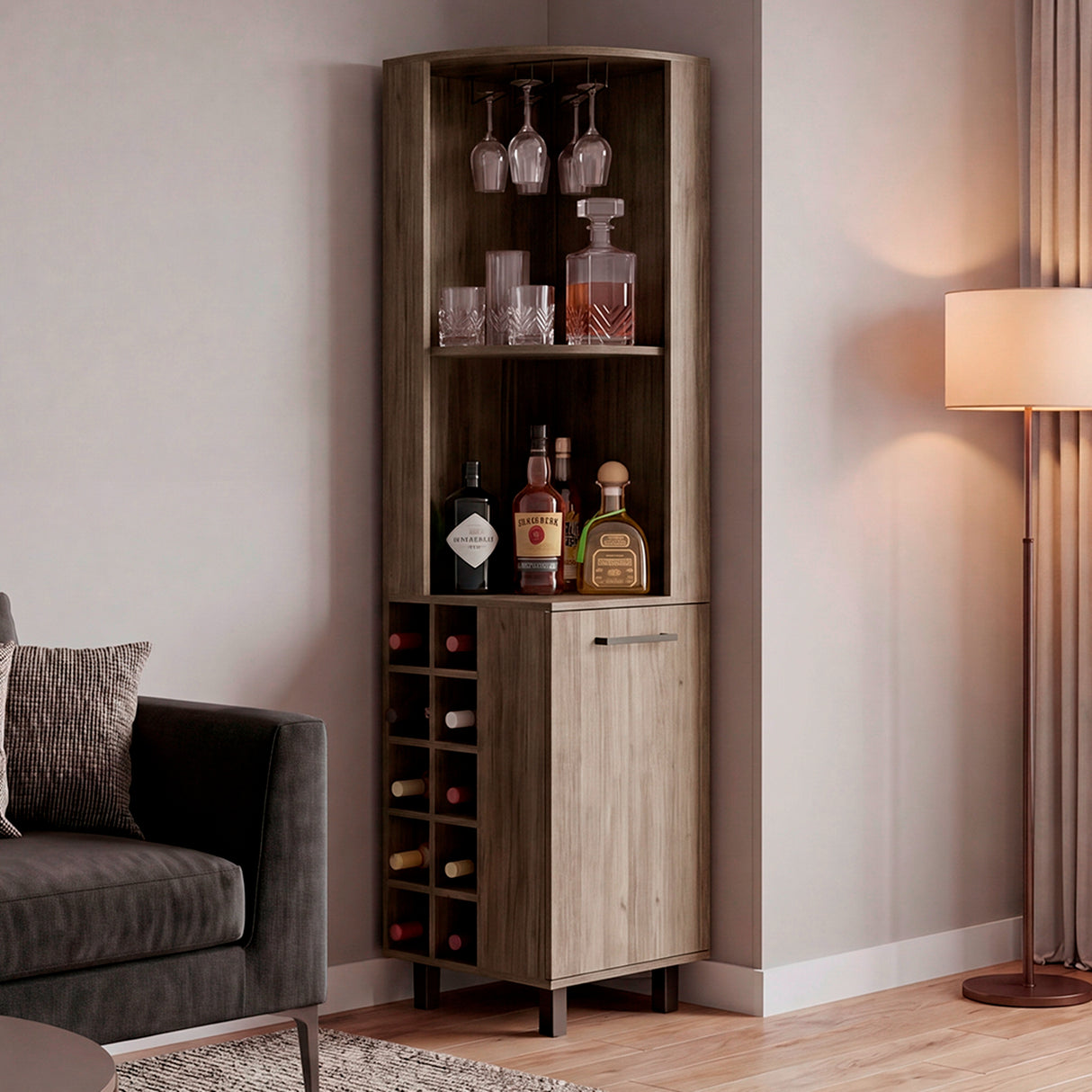 Bar Esquinero Kaia Cannolo 45x180cm con Doce Compartimientos y con Diez Portabotellas