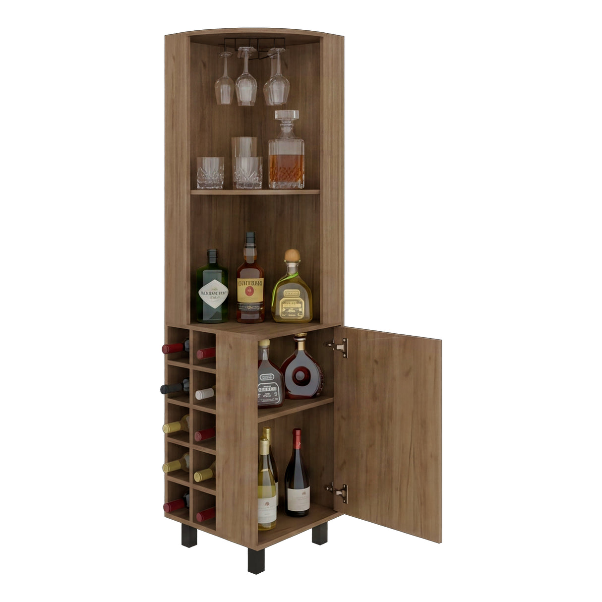 Bar Esquinero Kaia Fresno 45x180cm con Doce Compartimientos y con Diez Portabotellas