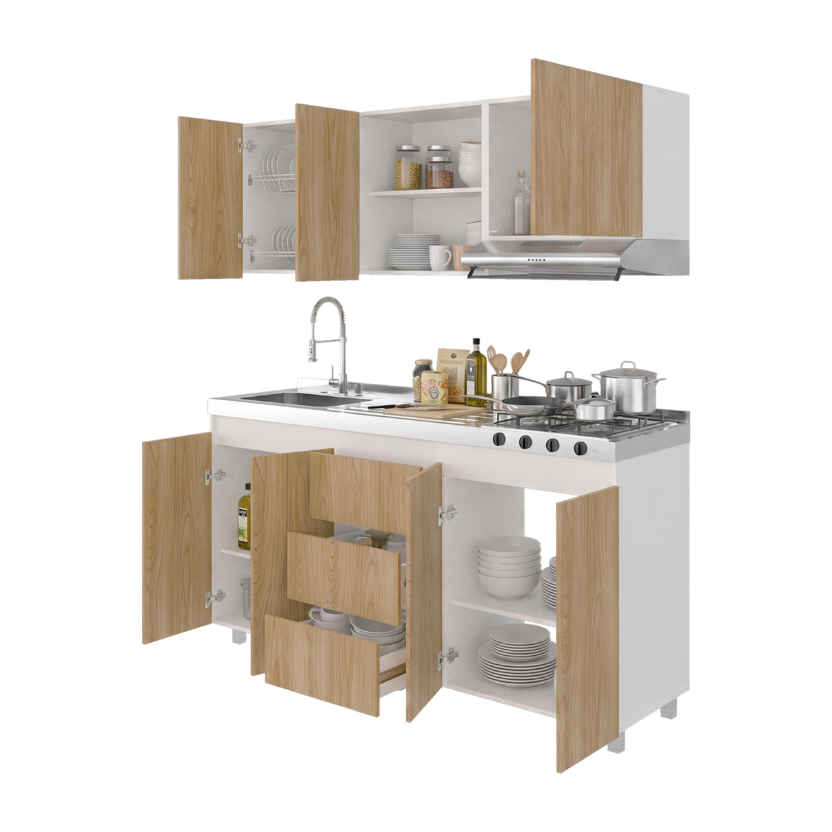 Cocina Boreal Blanco Fresno 180x210cm con Mesón de Acero Inoxidable Lado Izquierdo y sin Estufa