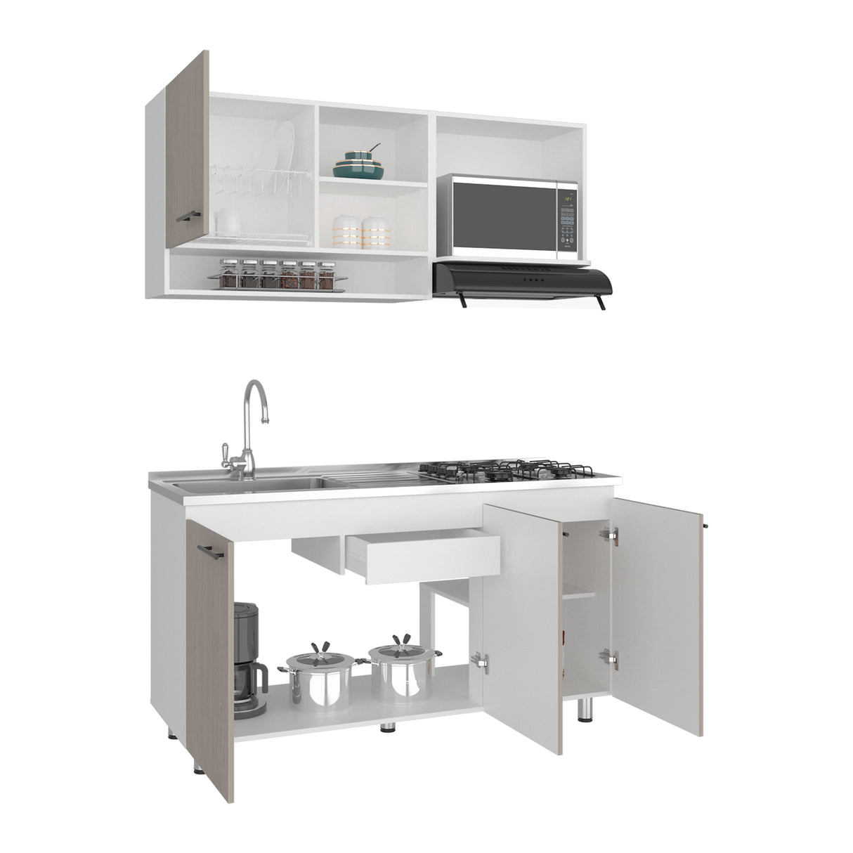 Cocina Orquidea Blanco Positano 150x210cm con Mesón de Acero Inoxidable Lado Izquierdo y sin Estufa