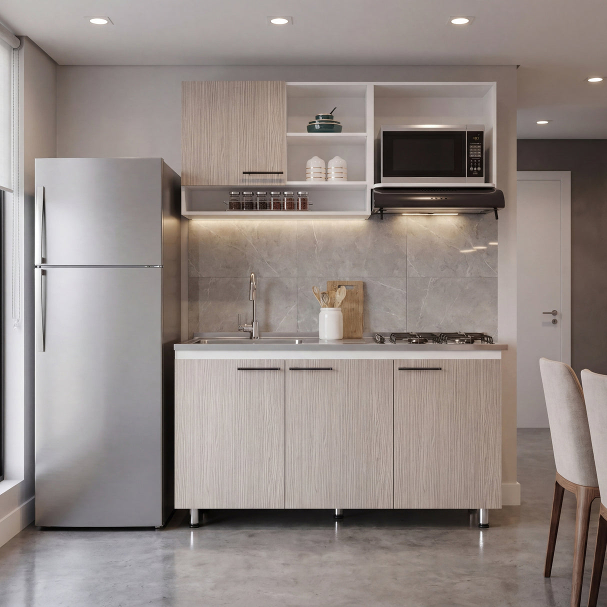 Cocina Orquidea Blanco Positano 150x210cm con Mesón de Acero Inoxidable Lado Izquierdo y sin Estufa
