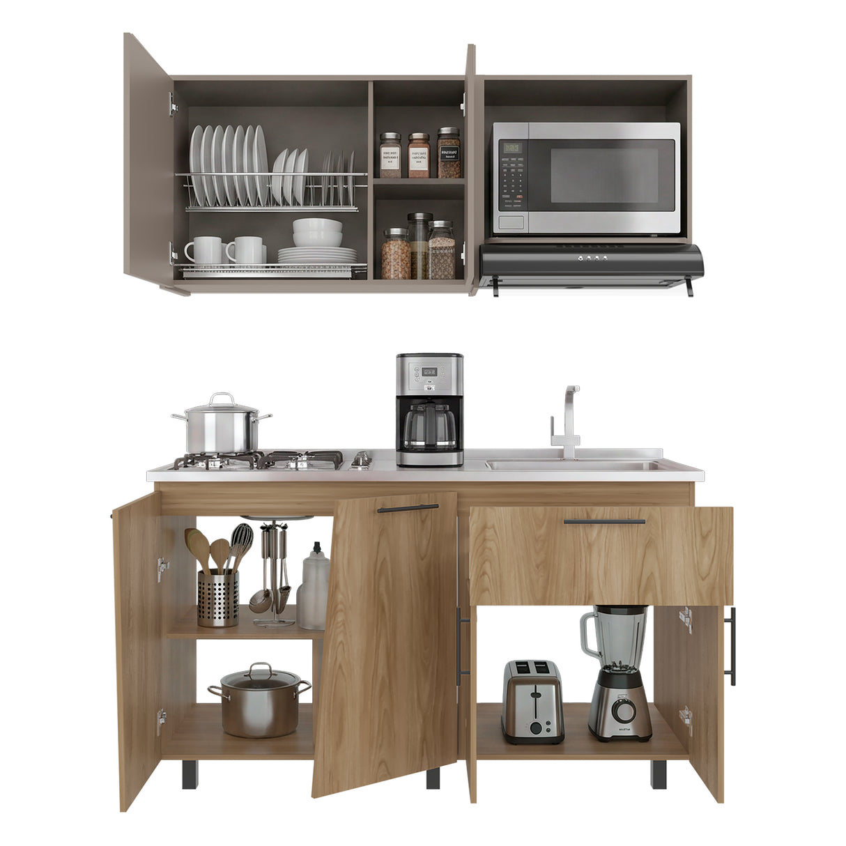 Cocina Emilia Fresno Europeo y Taupe 150x210cm para Mesón Derecho sin Mesón y sin Estufa
