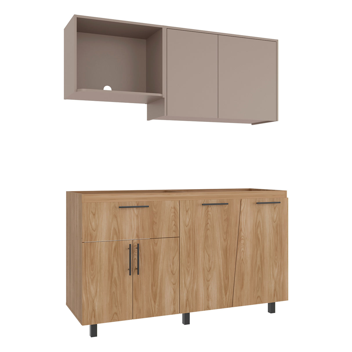 Cocina Emilia Fresno Europeo y Taupe 150x210cm para Mesón Derecho sin Mesón y sin Estufa