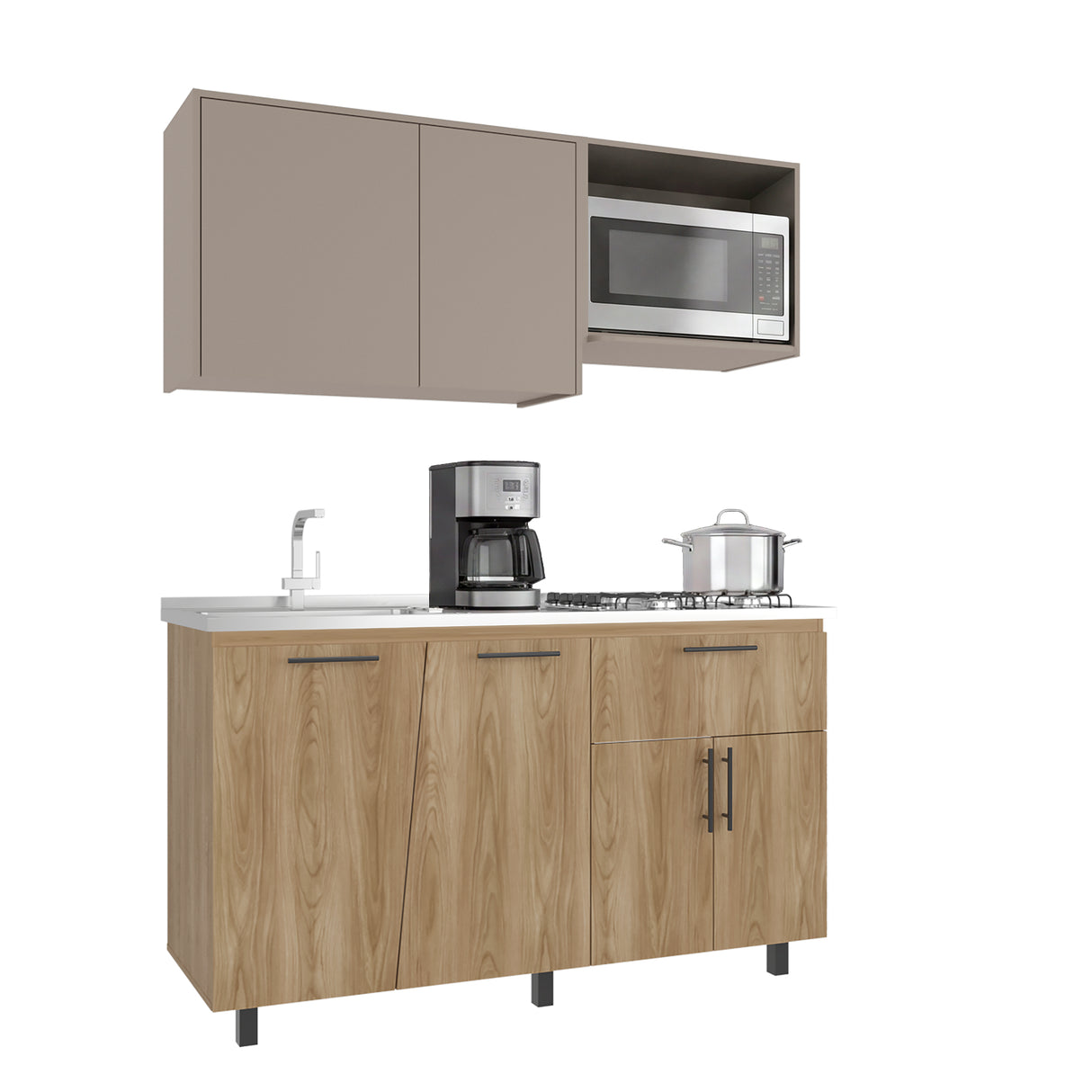 Cocina Emilia Fresno Europeo y Taupe 150x210cm para Mesón Izquierdo sin Mesón y sin Estufa