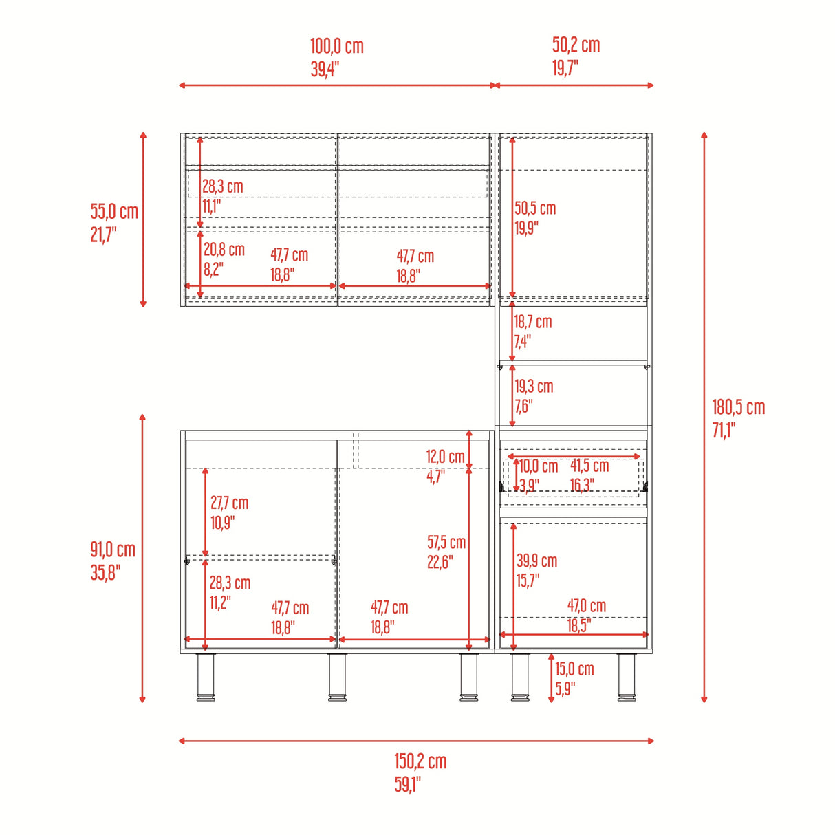 Cocina Dali Fresno y Wengue 150.2x180.5cm para Mesón Izquierdo sin Mesón y sin Estufa