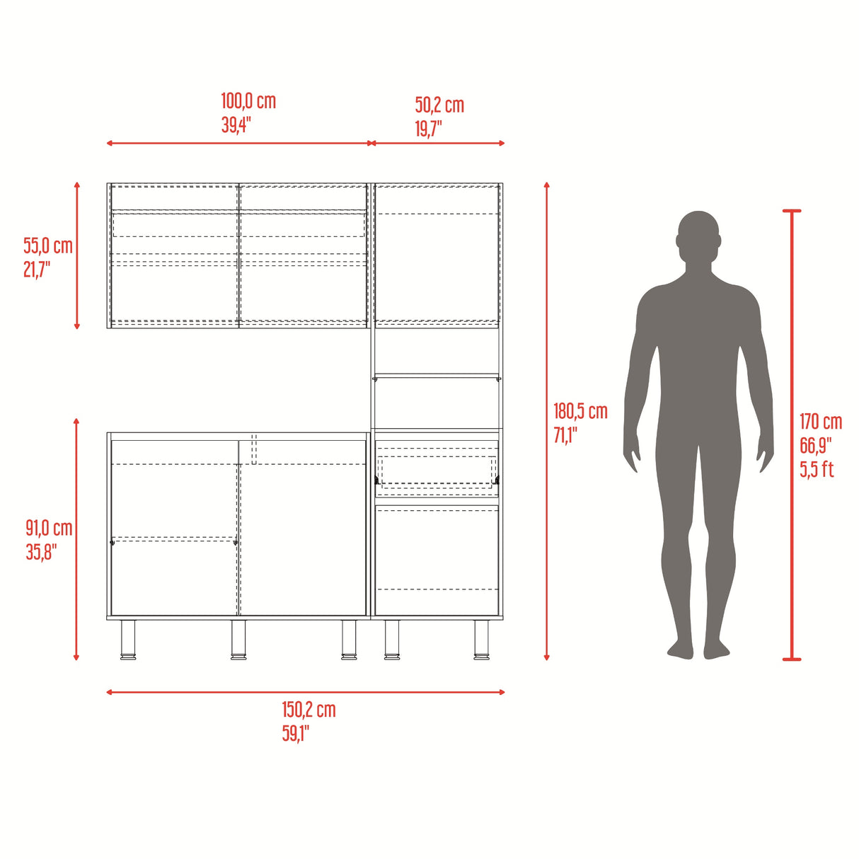Cocina Dali Fresno y Wengue 150.2x180.5cm para Mesón Izquierdo sin Mesón y sin Estufa