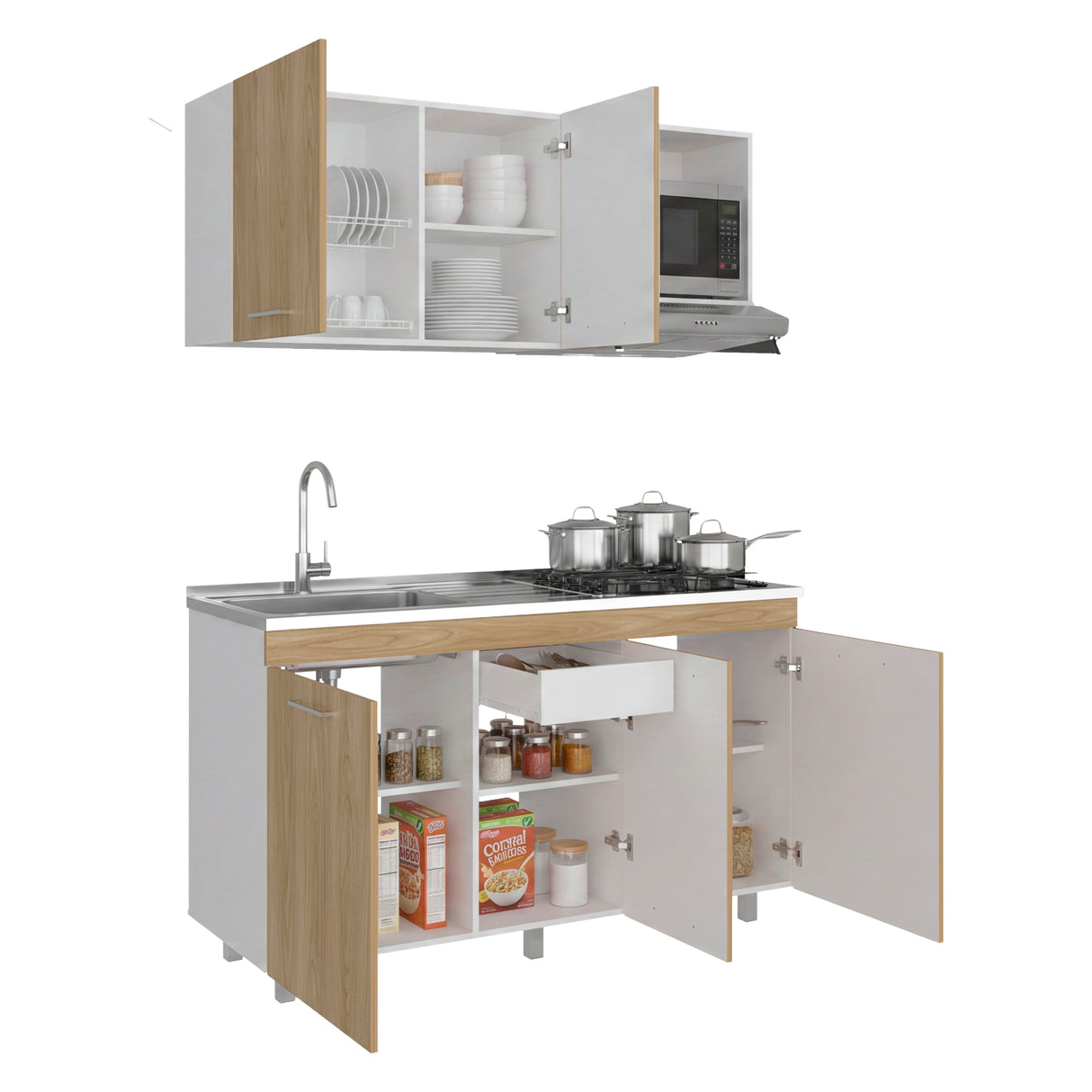 Cocina Miro Blanco y Fresno 150x210cm con Mesón de Acero Inoxidable Lado Izquierdo y sin Estufa