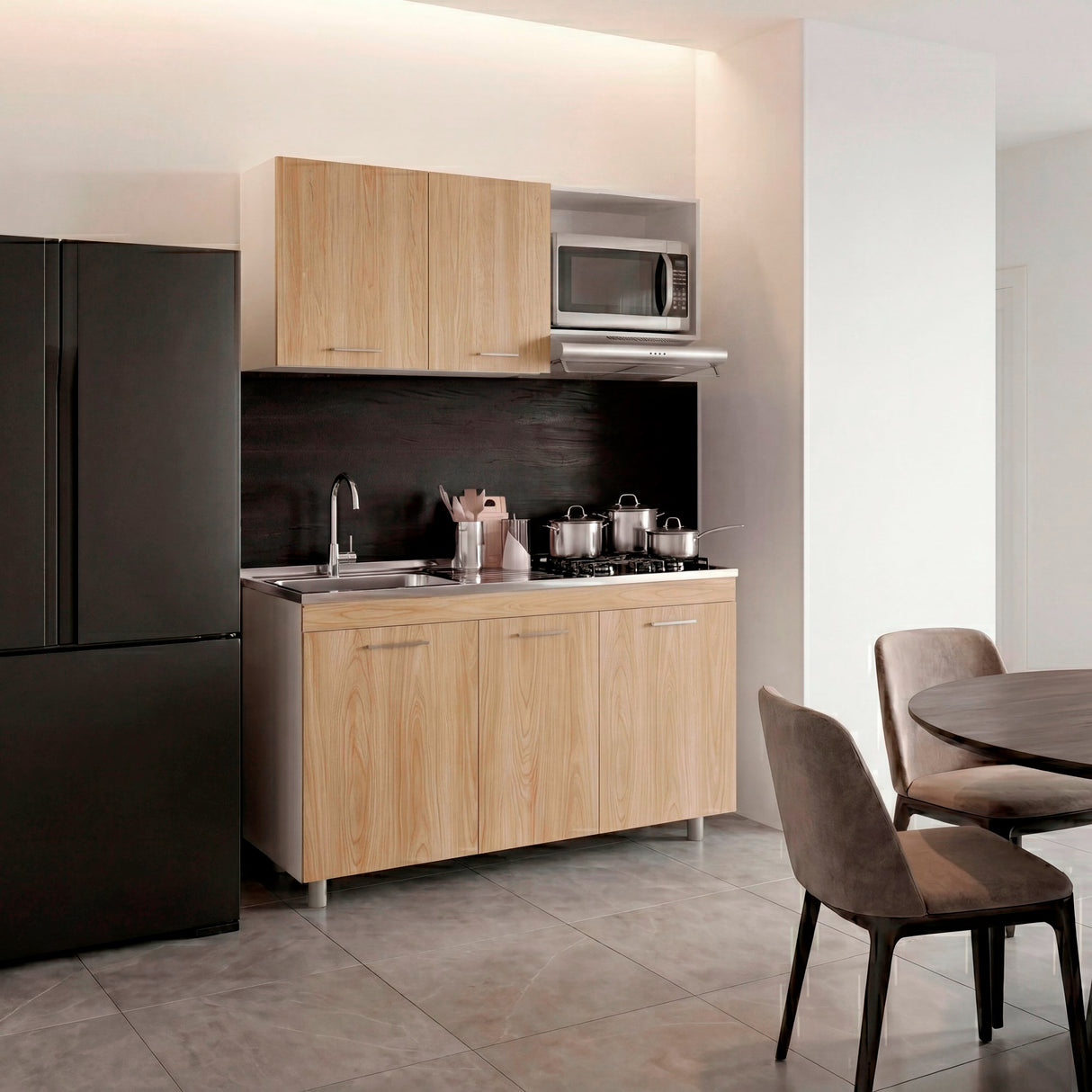 Cocina Miro Blanco y Fresno 150x210cm con Mesón de Acero Inoxidable Lado Izquierdo y sin Estufa