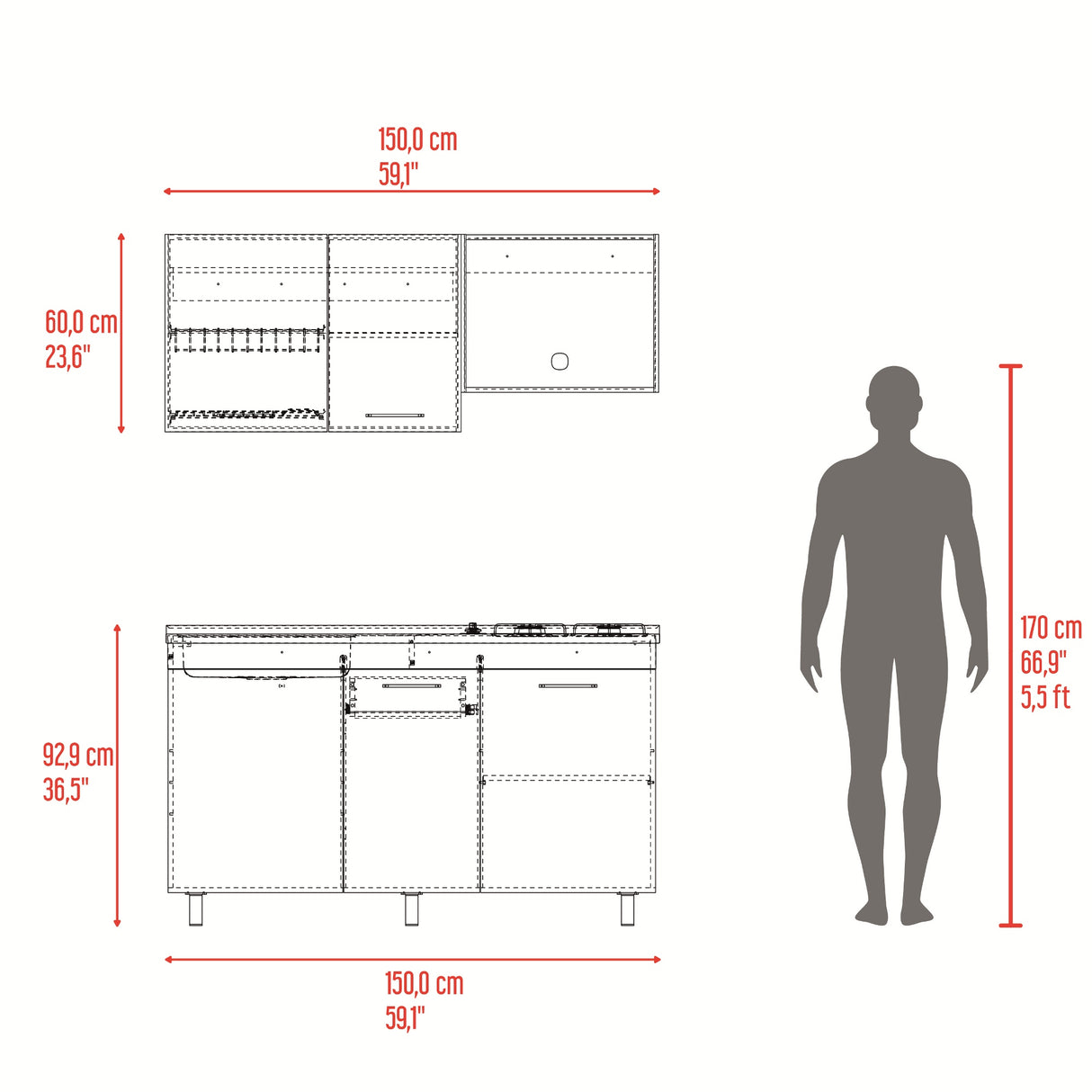 Cocina Miro Blanco y Fresno 150x210cm con Mesón de Acero Inoxidable Lado Izquierdo y sin Estufa