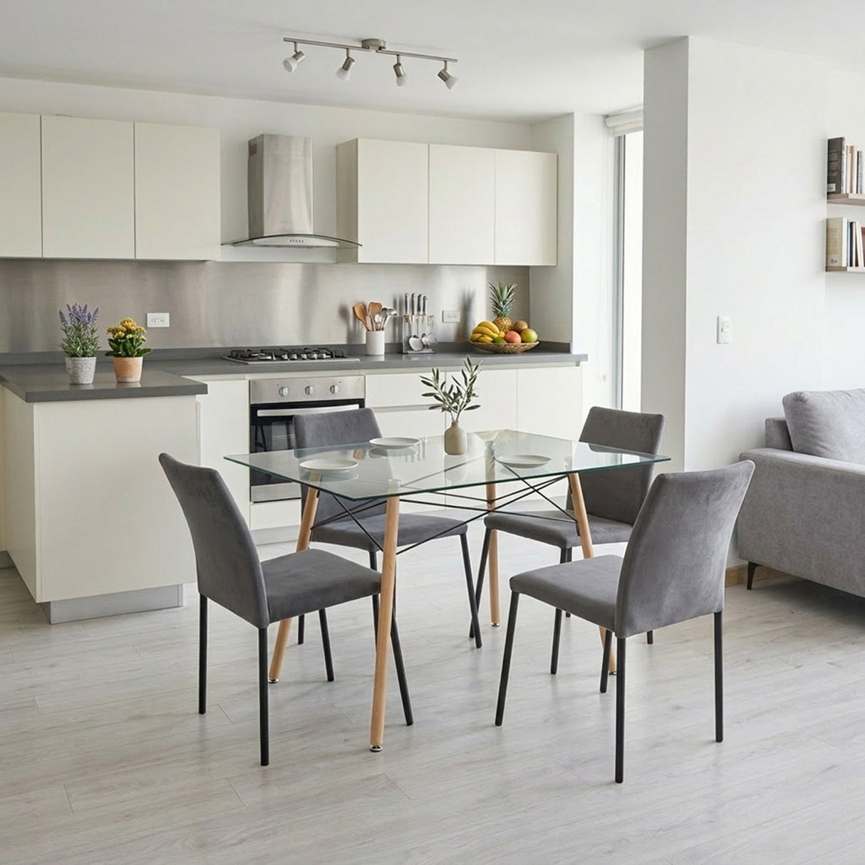 Juego de comedor Belfast Matiz Natural y Gris 120x72cm Rectangular de Patas Cuatro Puestos con Cuatro Sillas