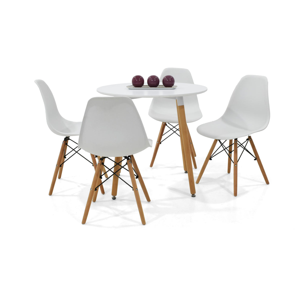 Juego de comedor Banfield Blanco y Matiz Natural 80x74cm Circular de Patas Cuatro Puestos con Cuatro Sillas