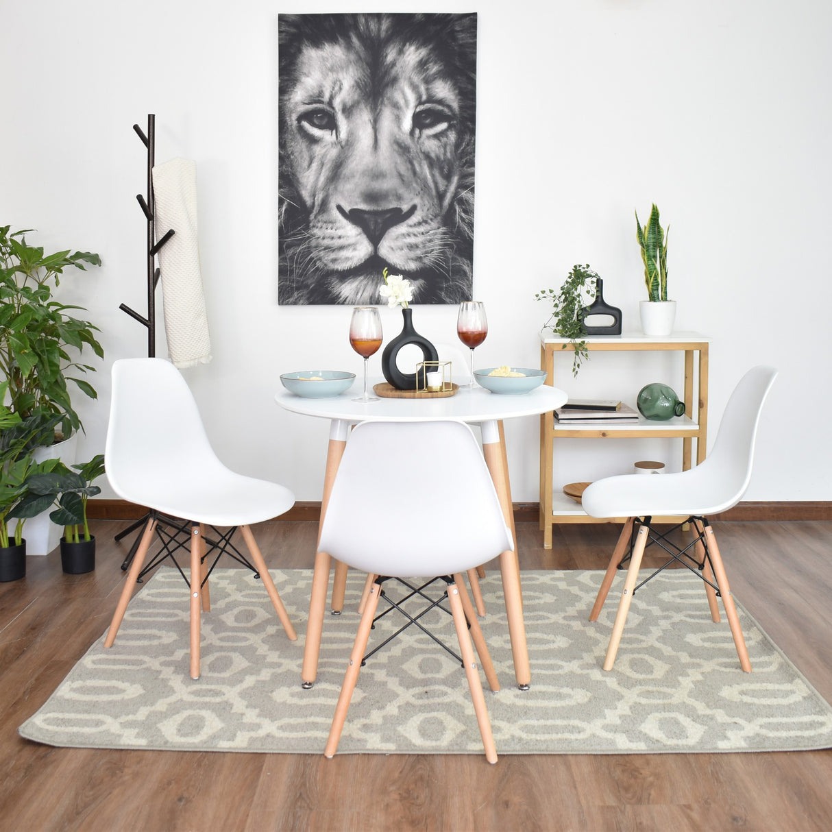 Juego de comedor Banfield Blanco y Matiz Natural 80x74cm Circular de Patas Cuatro Puestos con Cuatro Sillas