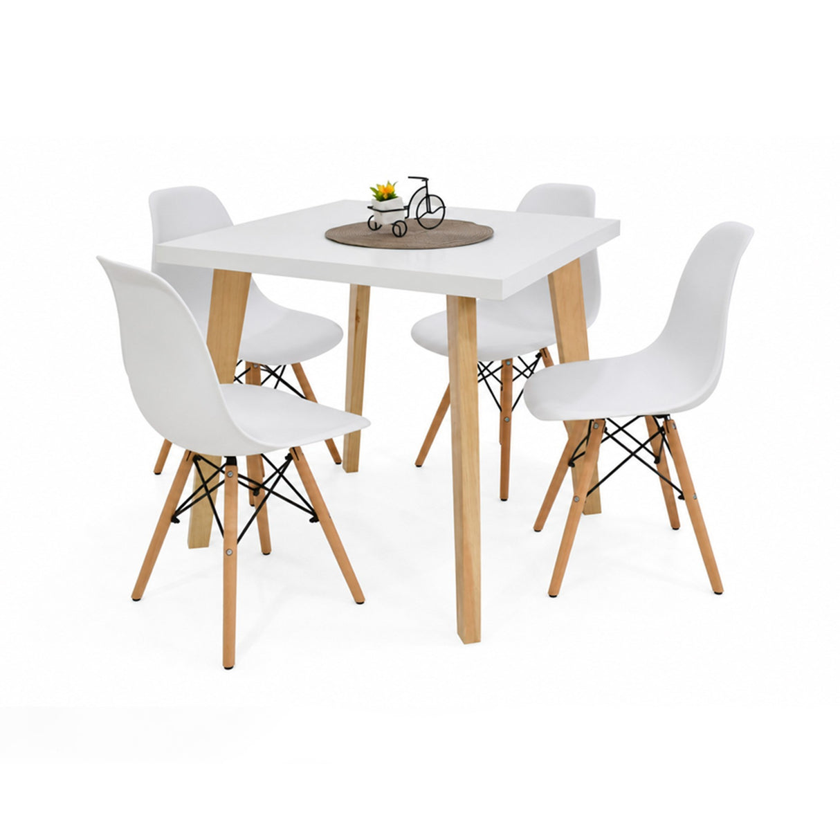 Juego de comedor Lyon Blanco y Matiz Natural 76x76cm Cuadrado de Patas Cuatro Puestos con Cuatro Sillas