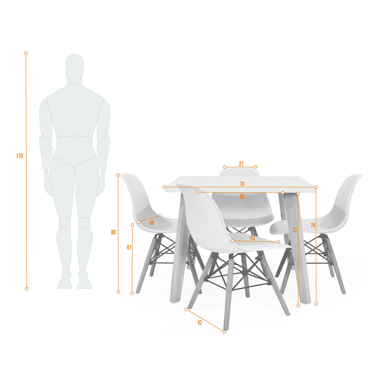 Juego de comedor Lyon Blanco y Matiz Natural 76x76cm Cuadrado de Patas Cuatro Puestos con Cuatro Sillas