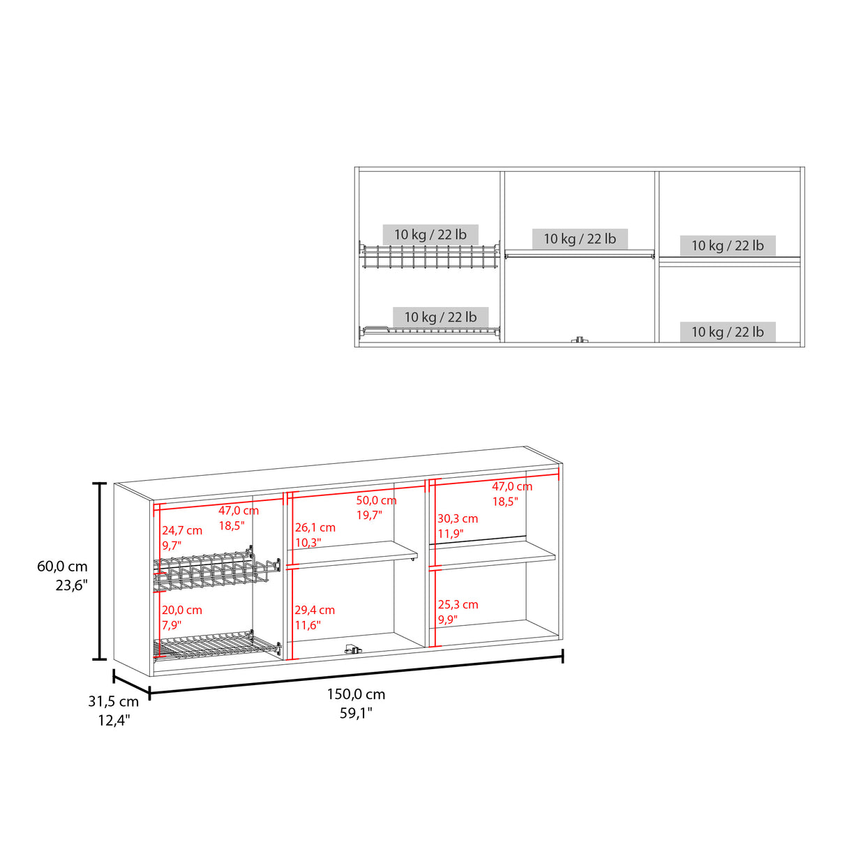 Mueble Superior de Cocina Cannolo 150x60cm con Seis Puertas y con Dos Entrepaños