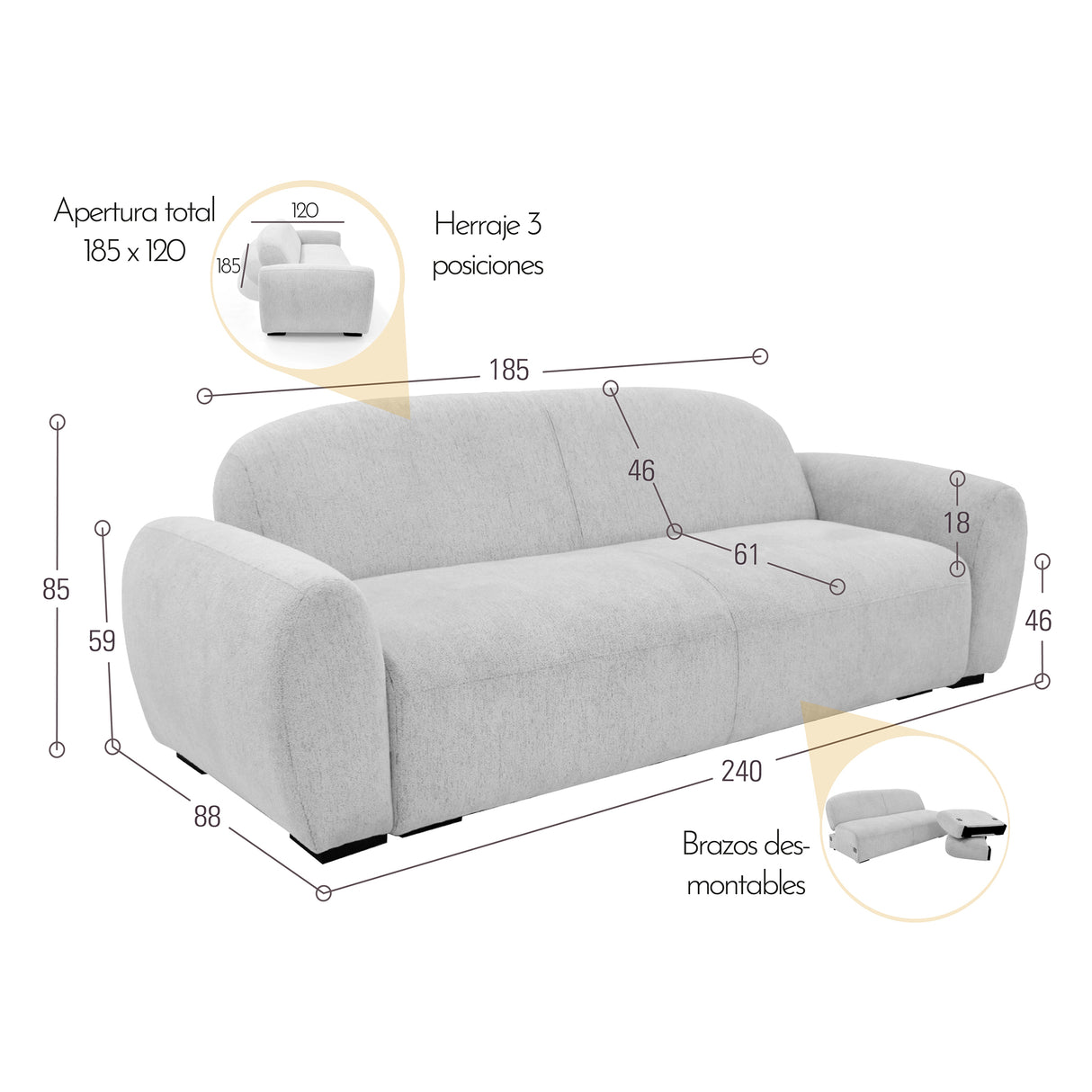 Sofacama Auren Plata y Matiz Wengue 240x85cm de Tres Puestos Reclinable con Apoya Brazos