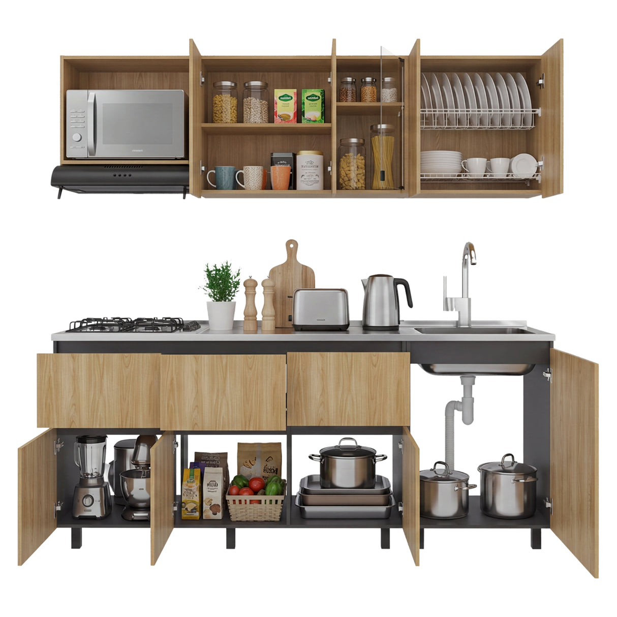 Cocina Lirio Fresno Europeo 212x155.3cm con Mesón de Acero Inoxidable Lado Derecho y con Estufa