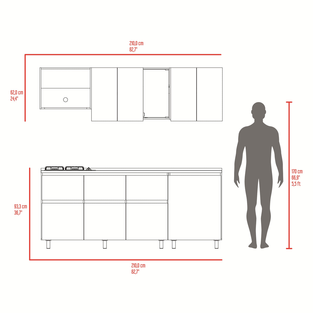 Cocina Lirio Fresno Europeo 212x155.3cm con Mesón de Acero Inoxidable Lado Izquierdo y con Estufa