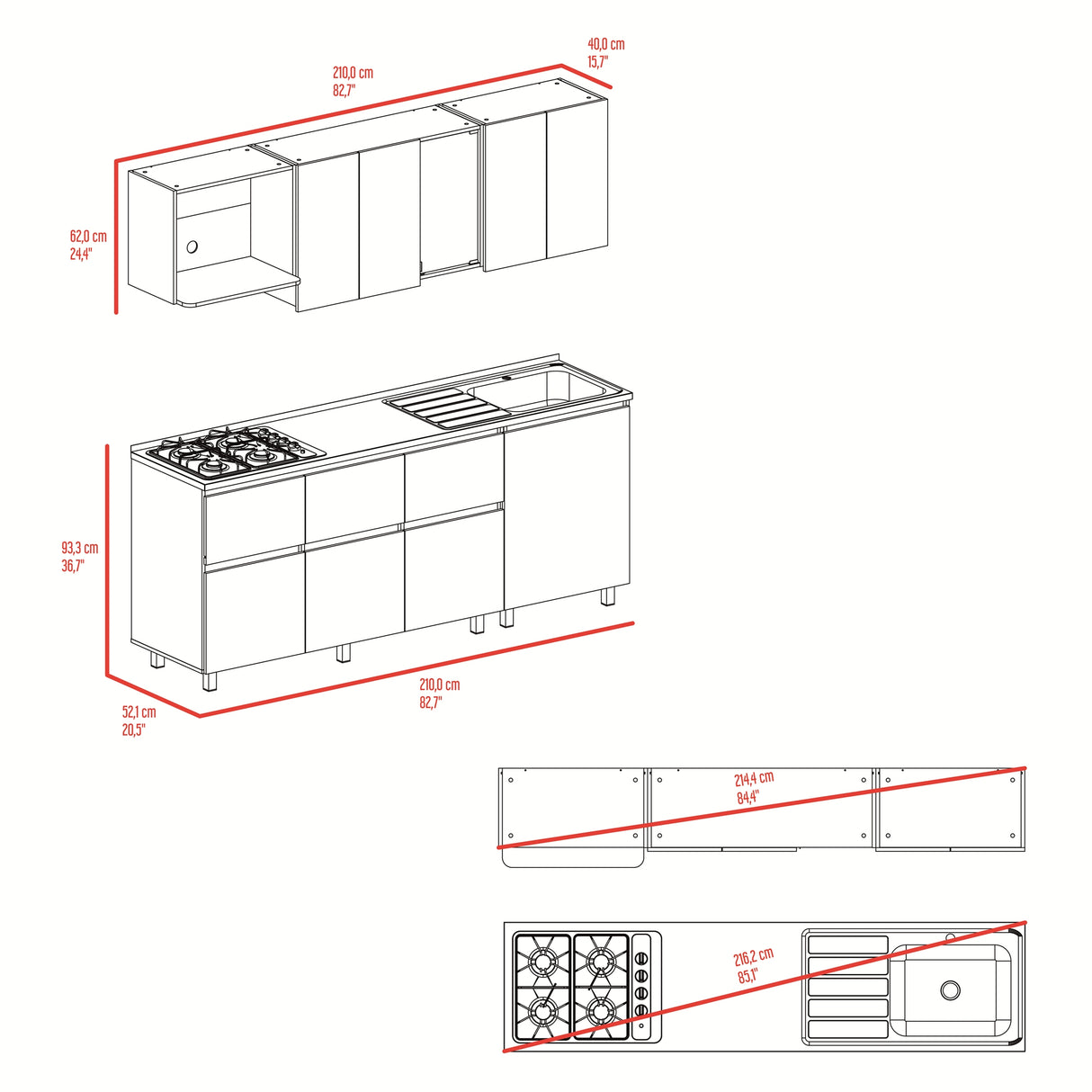 Cocina Lirio Fresno Europeo 212x155.3cm con Mesón de Acero Inoxidable Lado Izquierdo y con Estufa