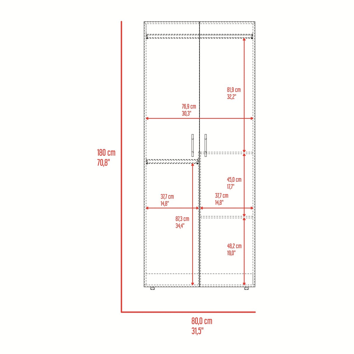 Closet Tera Fresno y Blanco 80x180cm sin Cajones con 3 Entrepaños