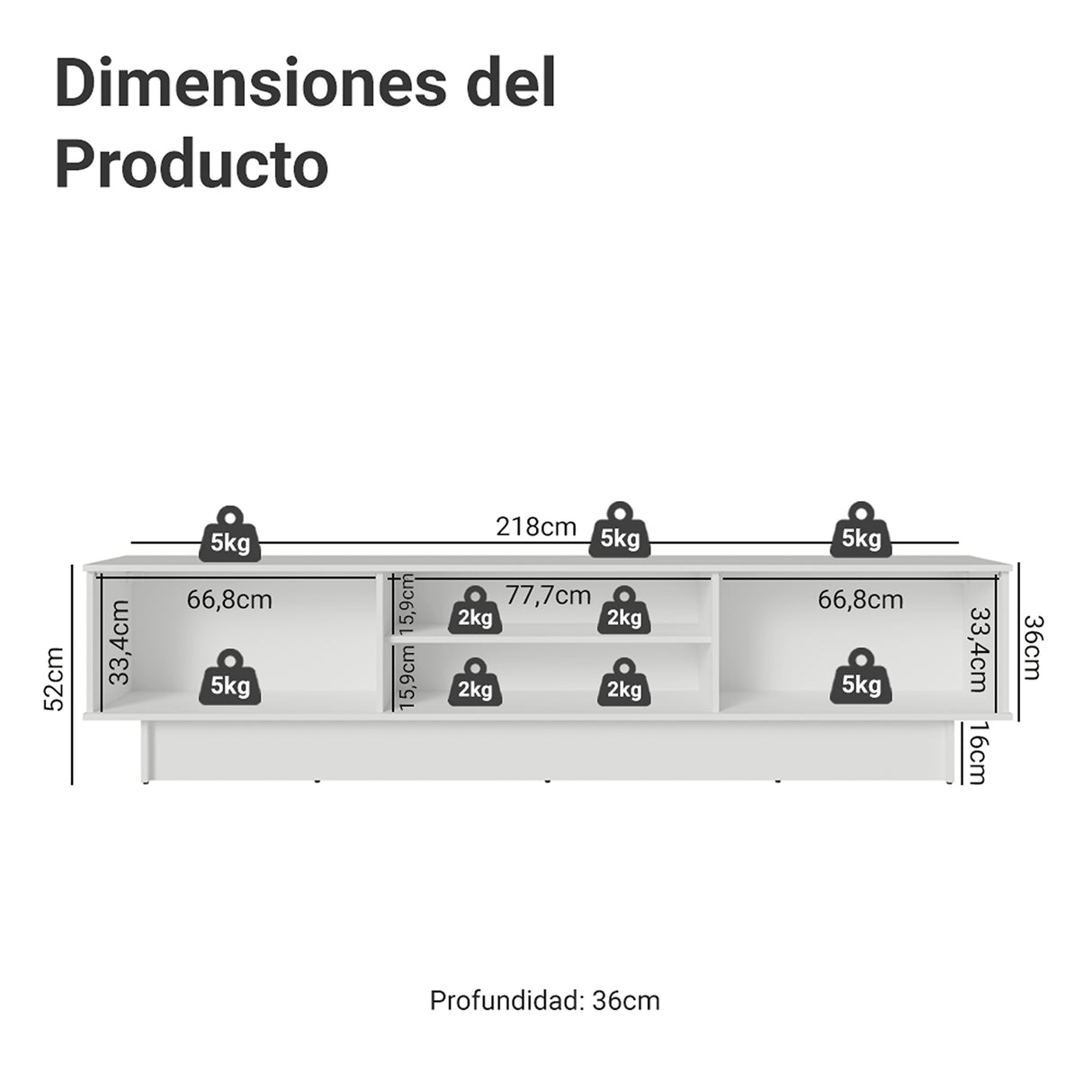 Rack de TV Agata Blanco 218x52cm para TV Hasta 80 Pulgadas con Cinco Cajones