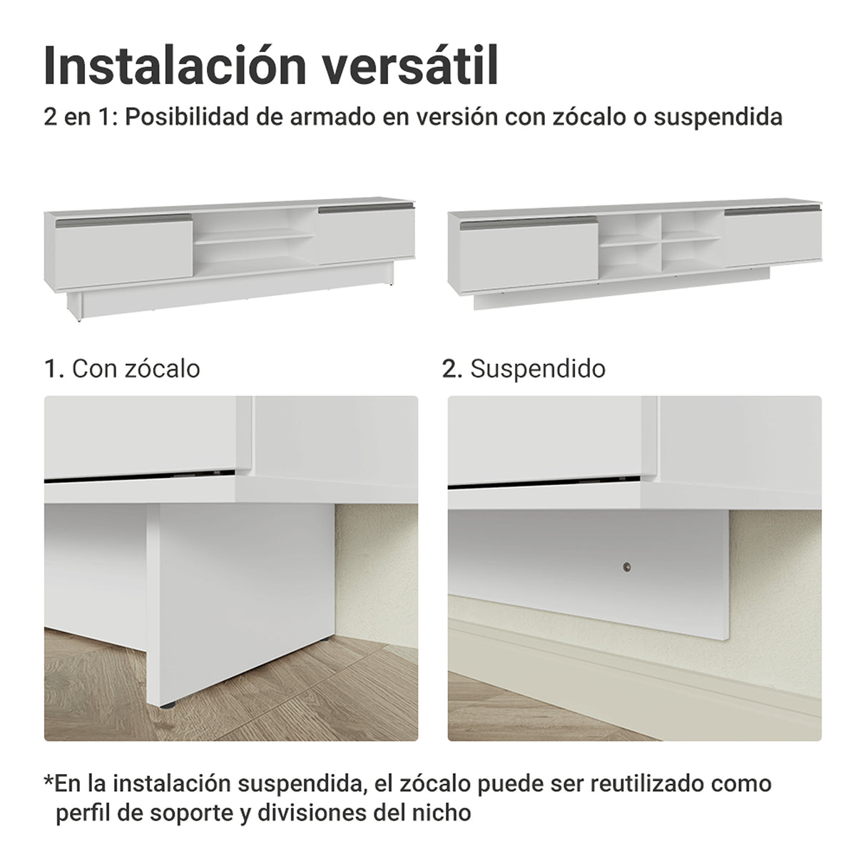 Rack de TV Glamy Blanco 218x52cm para TV Hasta 80 Pulgadas Flotante con Cinco Cajones