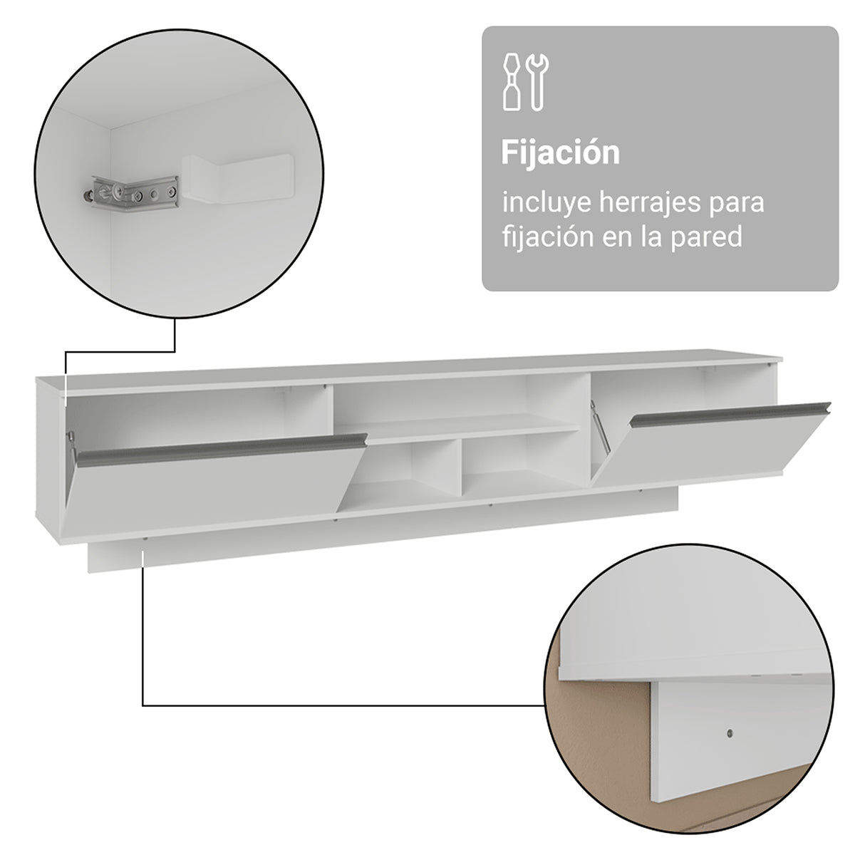 Rack de TV Glamy Blanco 218x52cm para TV Hasta 80 Pulgadas Flotante con Cinco Cajones