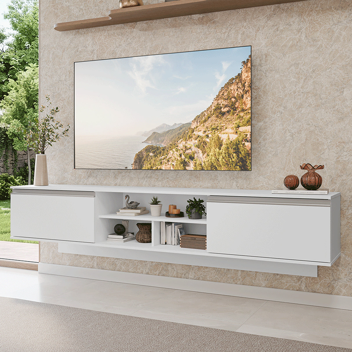 Rack de TV Glamy Blanco 218x52cm para TV Hasta 80 Pulgadas Flotante con Cinco Cajones