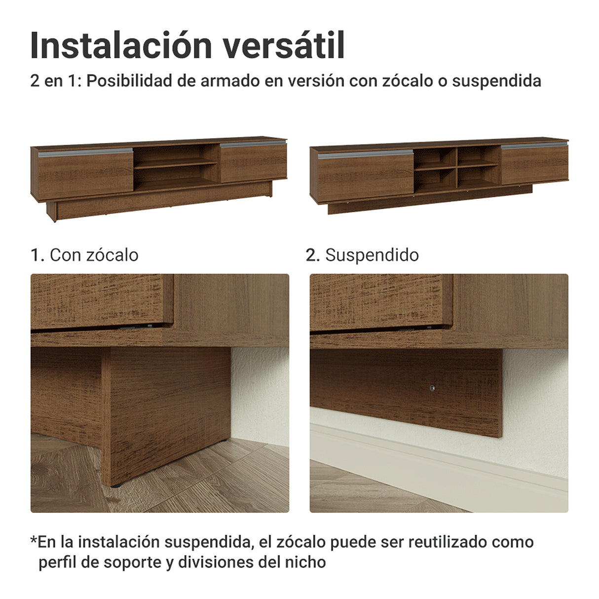 Rack de TV Glamy Marrón 218x52cm para TV Hasta 80 Pulgadas Flotante con Cinco Cajones