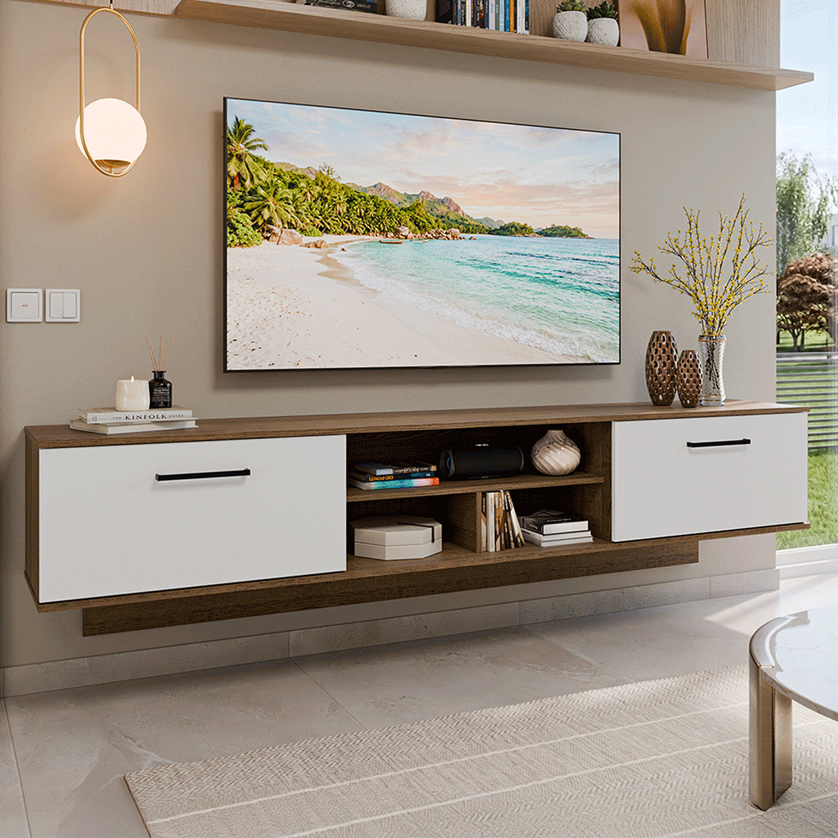 Rack de TV Agata Marrón y Blanco 218x52cm para TV Hasta 80 Pulgadas Flotante con Cinco Cajones