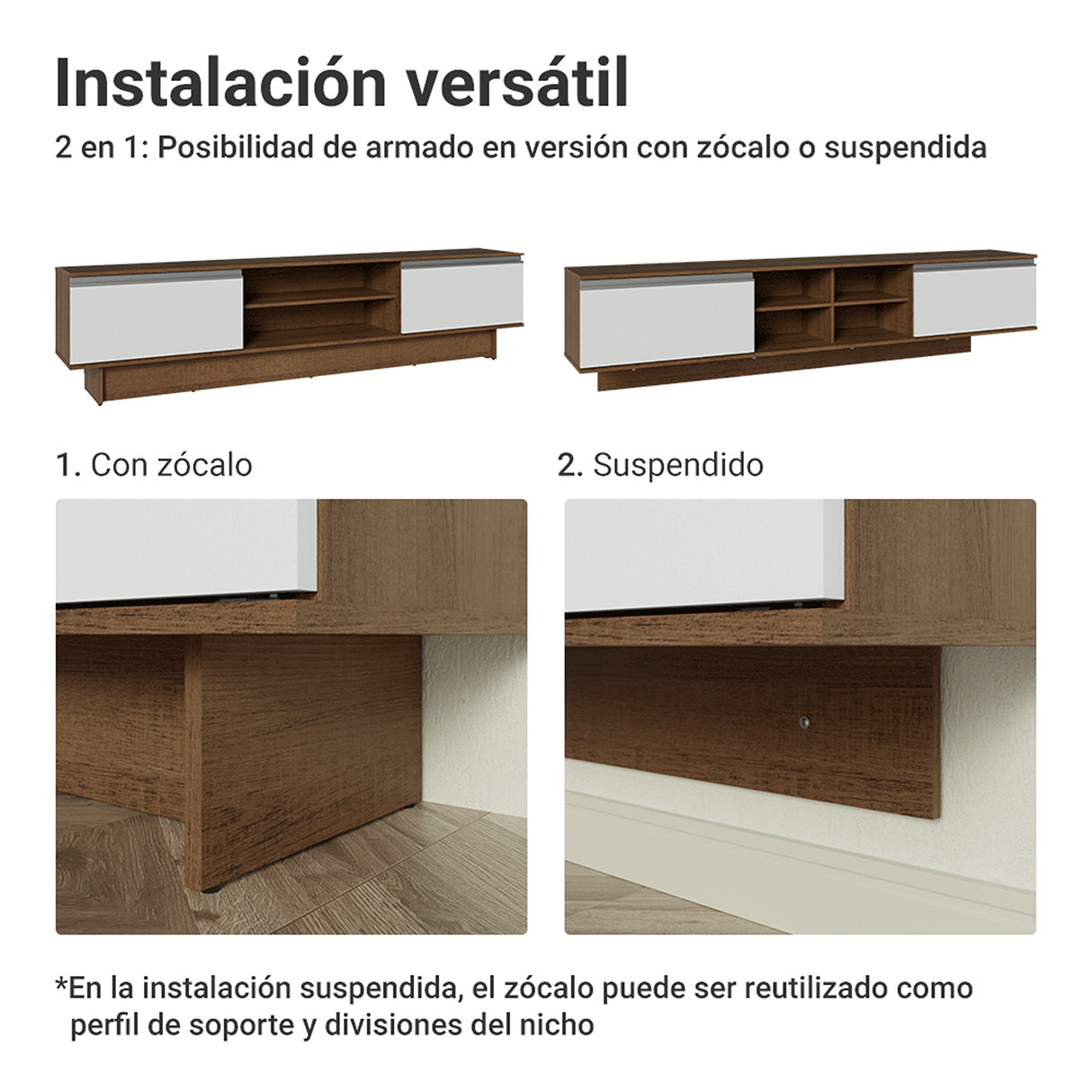 Rack de TV Glamy Marrón y Blanco 218x52cm para TV Hasta 80 Pulgadas con Cinco Cajones