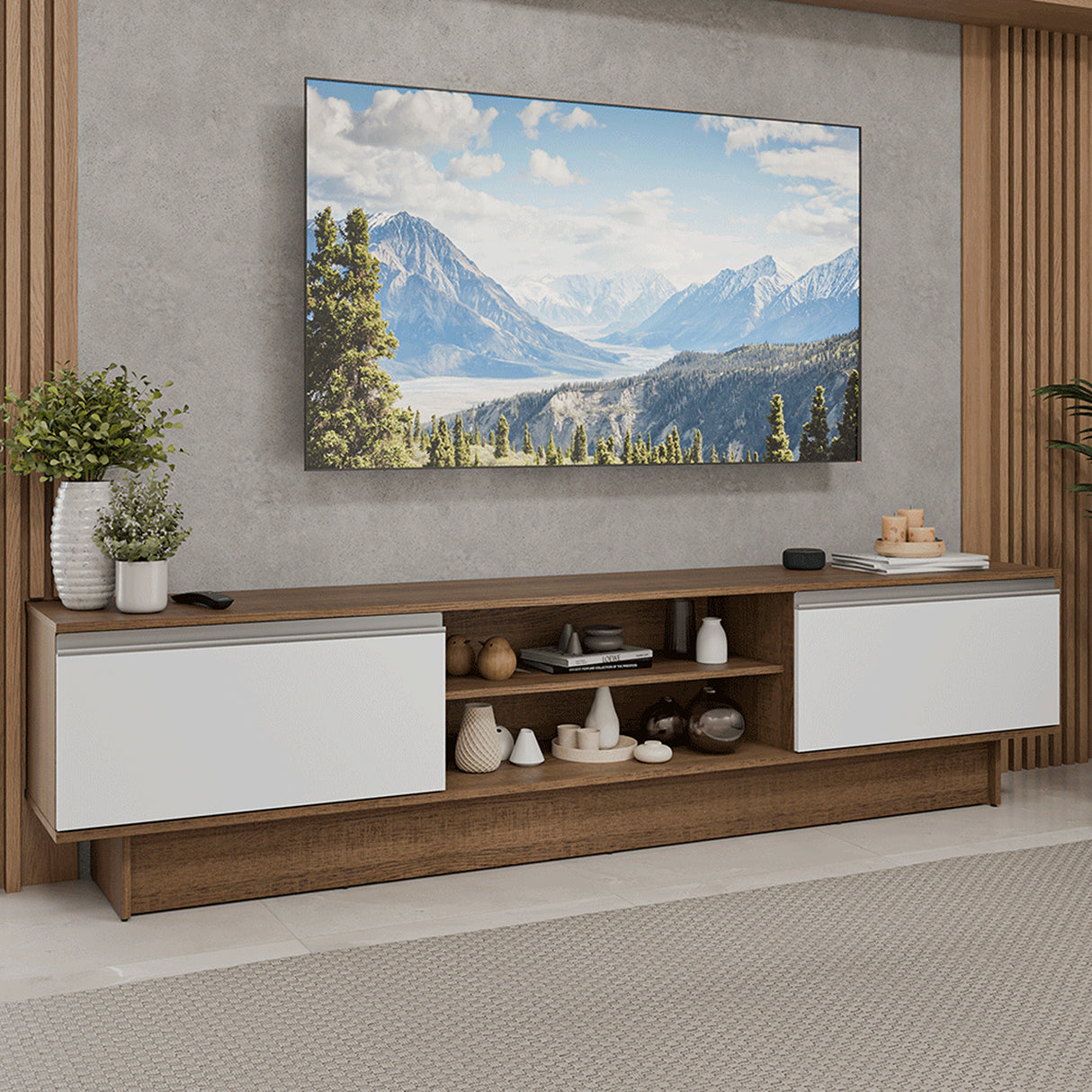 Rack de TV Glamy Marrón y Blanco 218x52cm para TV Hasta 80 Pulgadas con Cinco Cajones