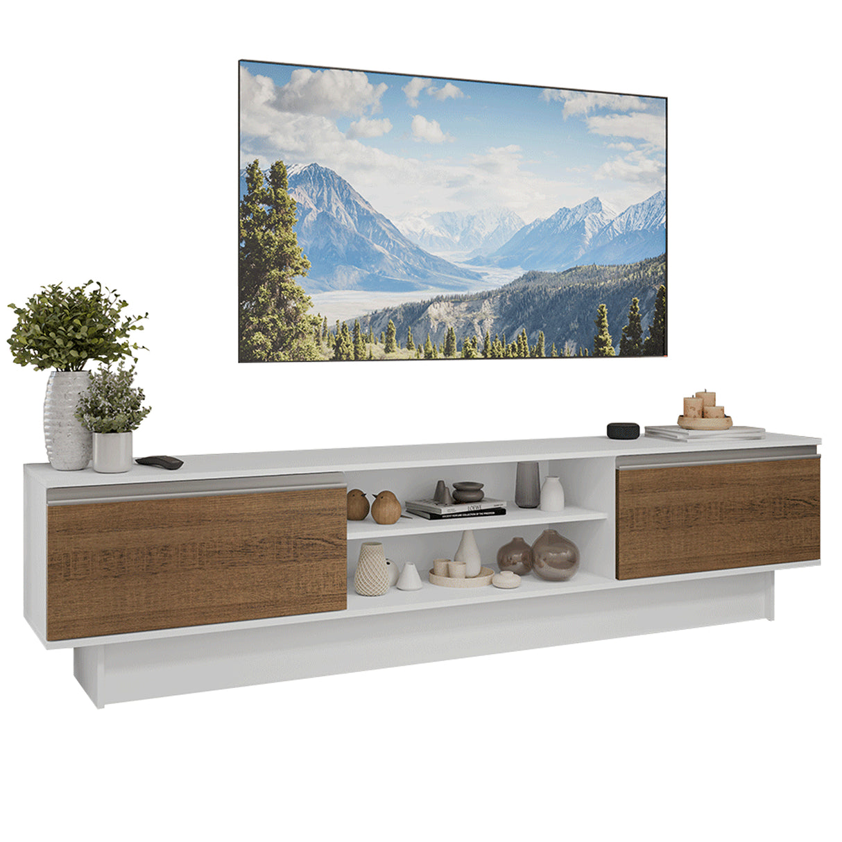 Rack de TV Glamy Blanco y Marrón 218x52cm para TV Hasta 80 Pulgadas con Cinco Cajones