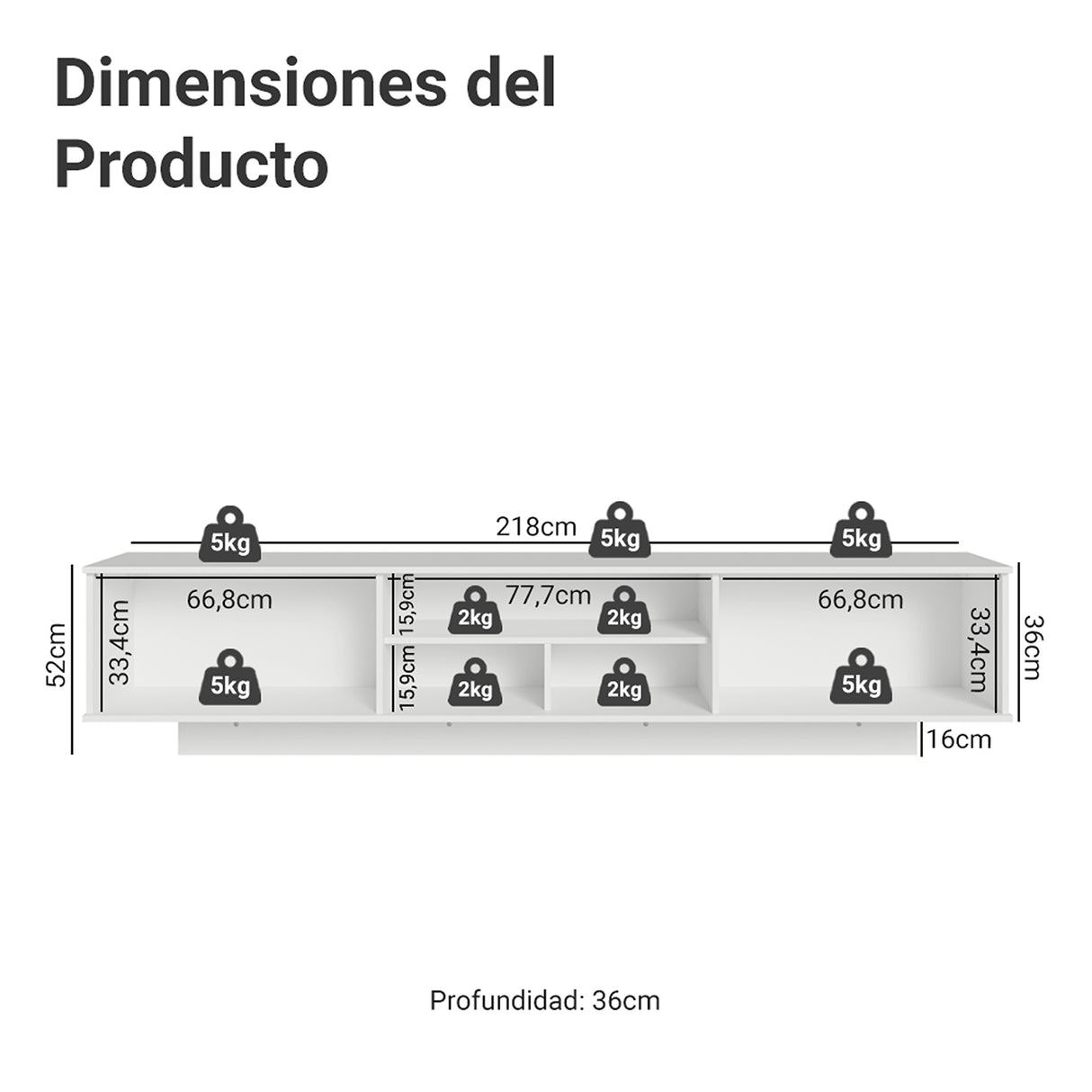 Rack de TV Glamy Blanco y Marrón 218x52cm para TV Hasta 80 Pulgadas Flotante con Cinco Cajones