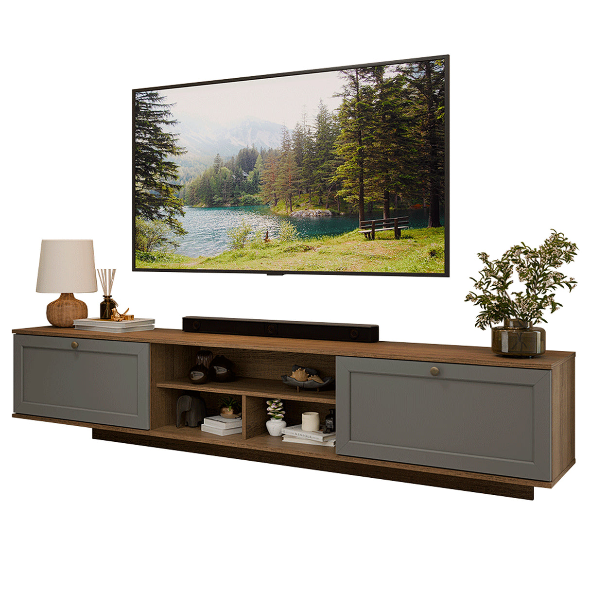 Rack de TV Vik Marrón y Gris 218x52cm para TV Hasta 80 Pulgadas Flotante con Cinco Cajones