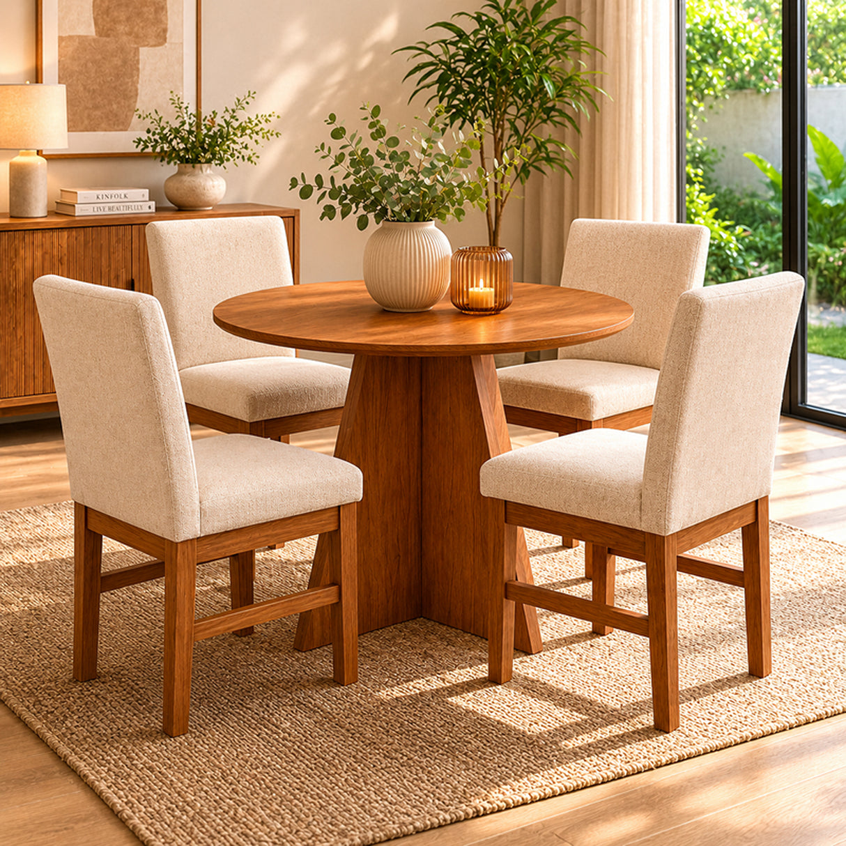 Comedor Palawan Cafe y Beige 90x78cm Circular De Cuatro Puestos con Cuatro Sillas
