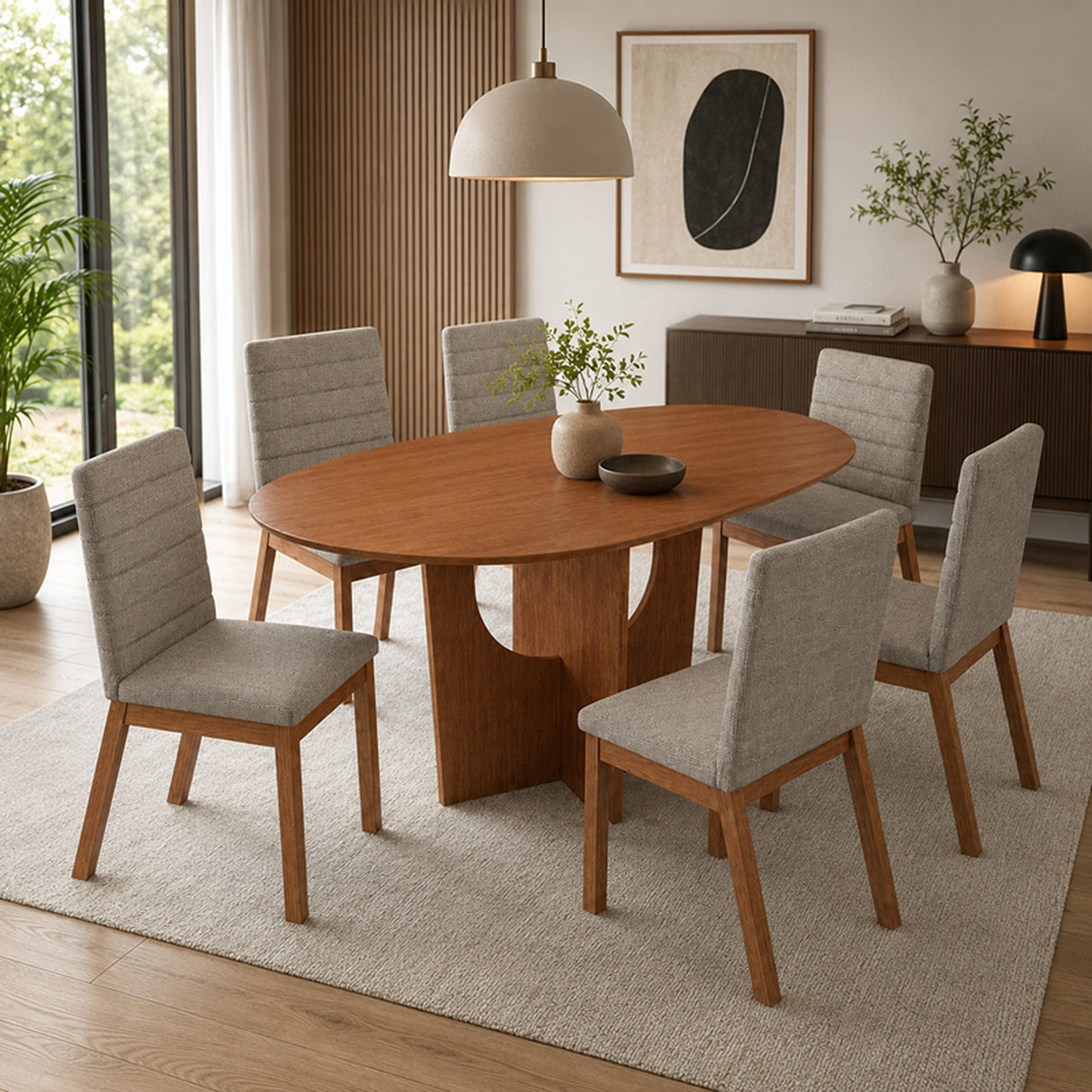 Comedor Komodo Cafe y Gris 100x78cm Ovalado De Seis Puestos con Seis Sillas