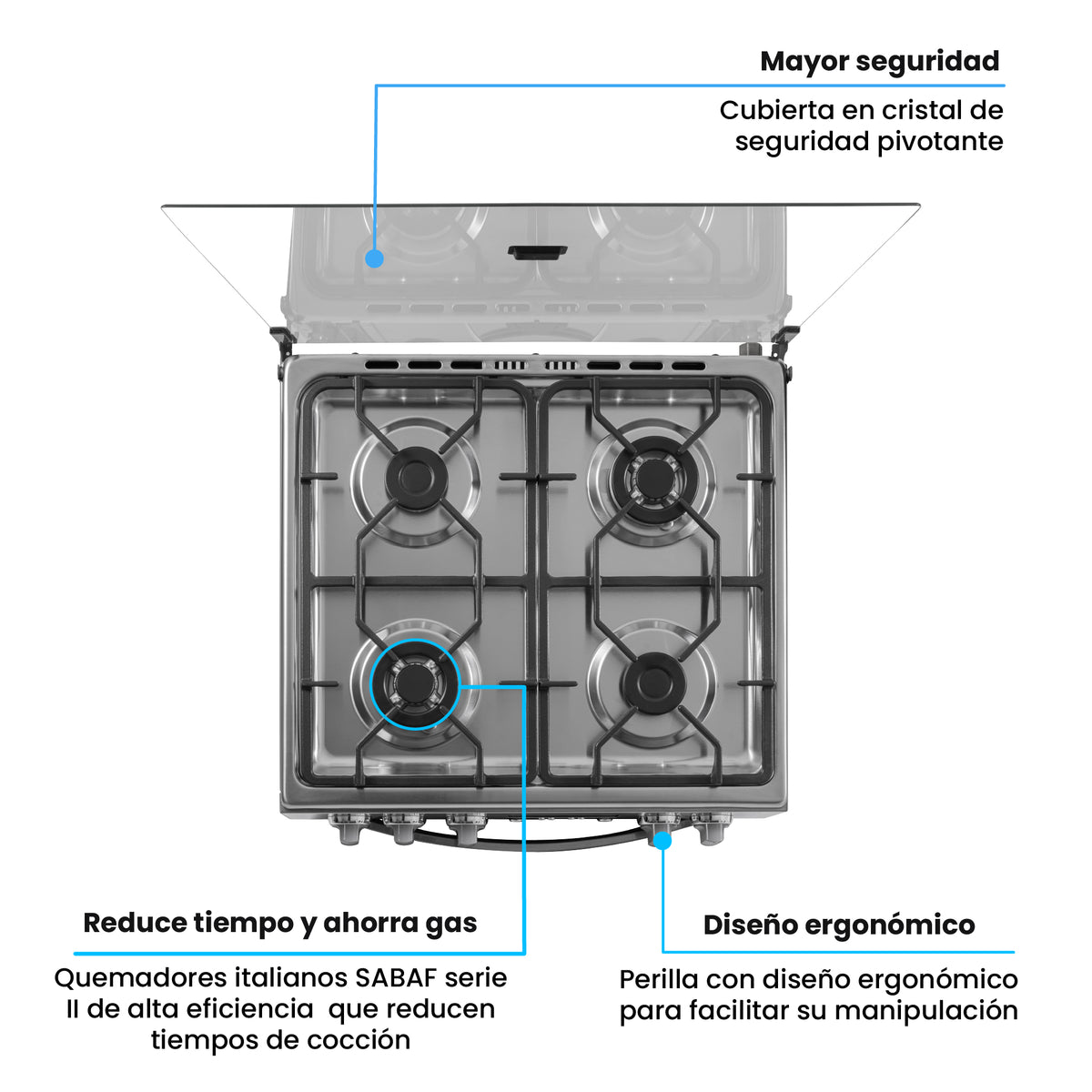 Estufa Challenger Kitchen Gourmet Gris 60x93cm para Gas Propano con Cuatro Quemadores y Un Horno Rosticero Grill