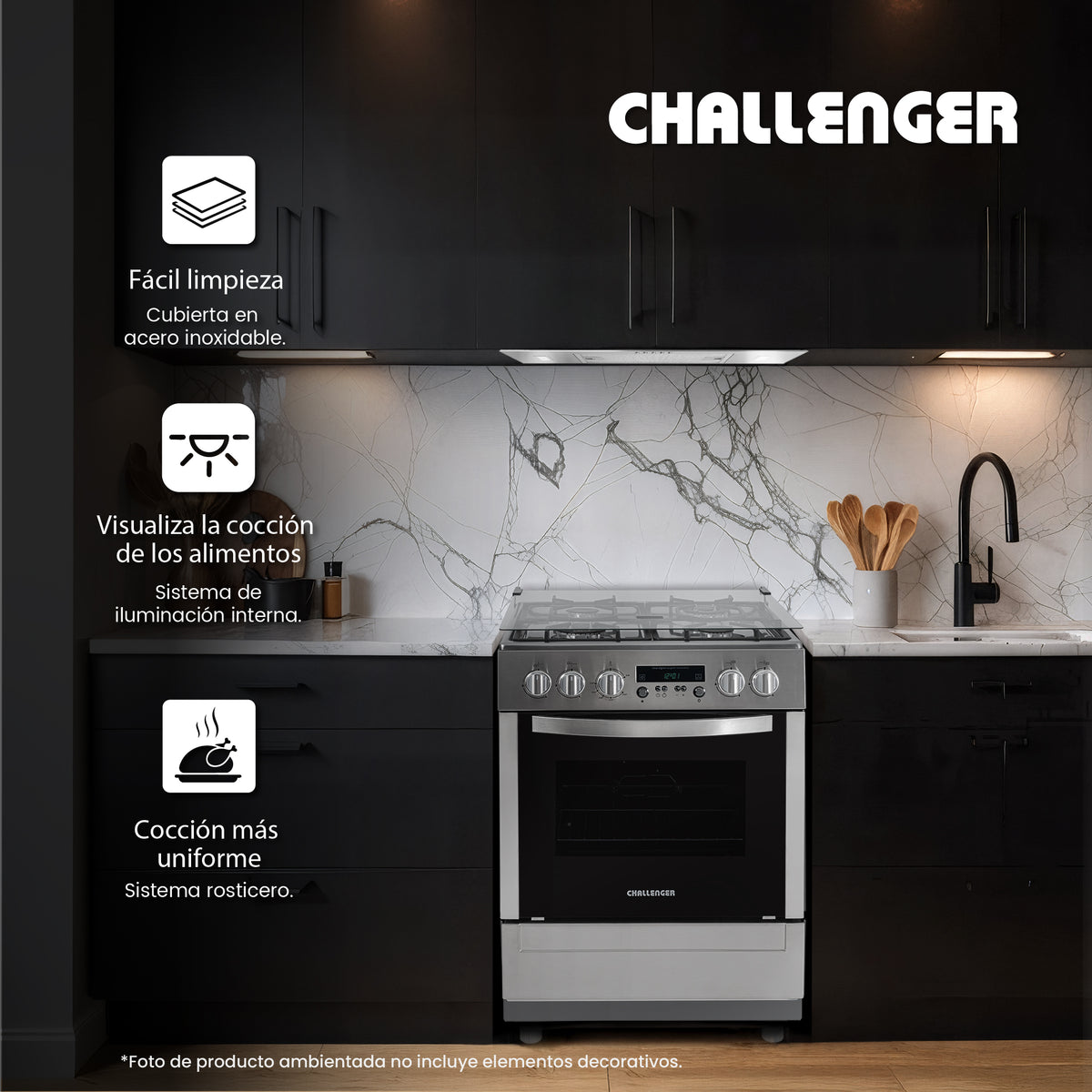 Estufa Challenger Kitchen Gourmet Gris 60x93cm para Gas Natural con Cuatro Quemadores y Un Horno Rosticero Grill