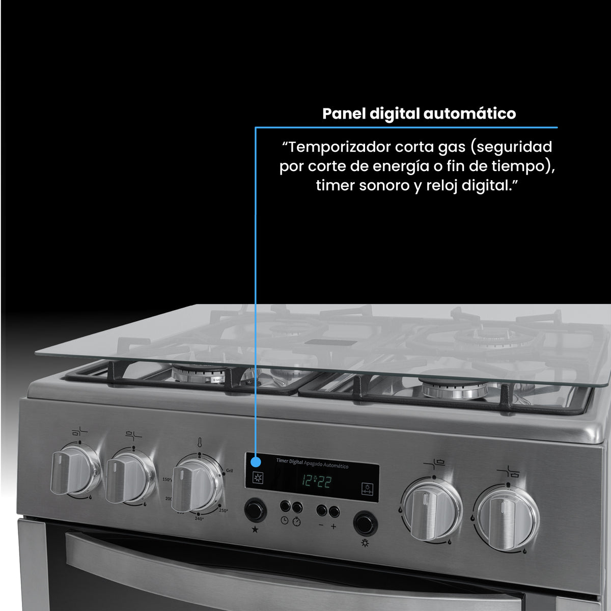 Estufa Challenger Kitchen Gourmet Gris 60x93cm para Gas Natural con Cuatro Quemadores y Un Horno Rosticero Grill