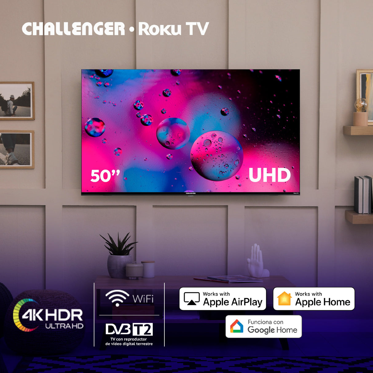 Televisor Smart Challenger Roku Negro 6.5x64.7cm de 50" Pulgadas 4K con Wifi Integrado y con Bluetooth
