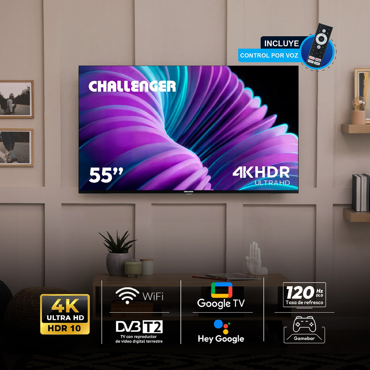 Televisor Smart Challenger Google Tv Negro 122.6x71.2cm de 55" Pulgadas 4K con Wifi Integrado y con Bluetooth